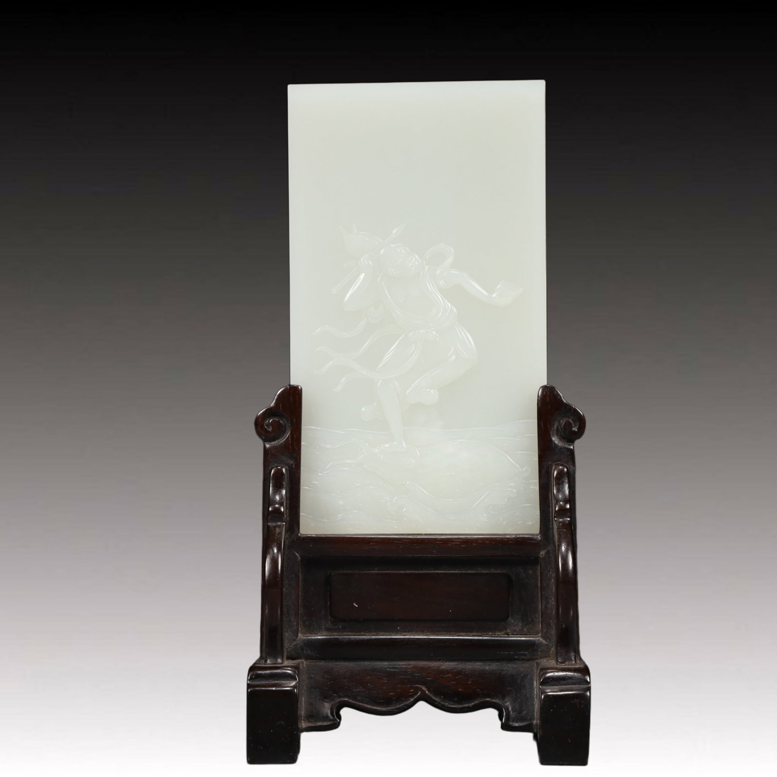 An Exquisite Zitanwood Inlaid White Jade Figure Pattern Table Screen: An Exquisite Zitanwood Inlaid White Jade Figure Pattern Table Screen,Qing Dynasty, China,Size:2.8inx4.7in,Weight:300g 紫檀木嵌白玉人物纹台&#