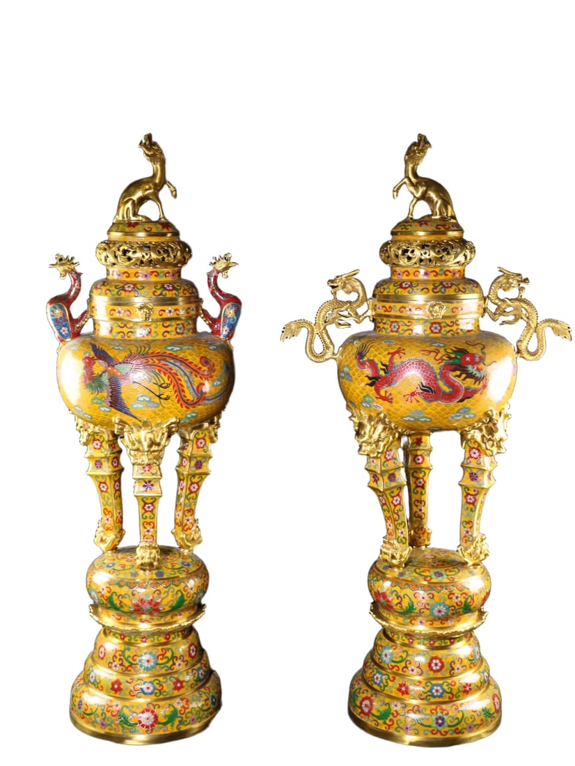 A Pair of Exquisite Gilt Bronze Cloisonne Dragon and Phoenix Pattern Double-Ears and Tripod Censers: A Pair of Exquisite Gilt Bronze Cloisonne Dragon and Phoenix Pattern Double-Ears and Tripod Censers,Qing Dynasty,China,Qianlong Six-character Mark,Size:40.2inx19.7inx11.8in,Weight:37500g 一ë
