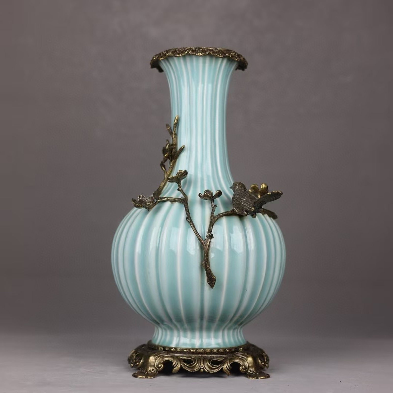 A Huge Shadow Blue Glazed Inlaid Bronze Flower and Bird Pattern Vase: A Huge Shadow Blue Glazed Inlaid Bronze Flower and Bird Pattern Vase,Qing Dynasty,China,Qianlong Six-Character Mark,Size:15.7inx8.7in 影青釉嵌铜花鸟纹&#