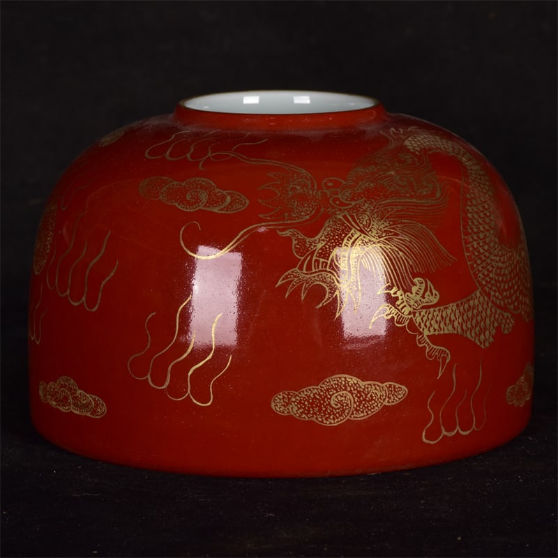 An Exquisite Red Glazed Painted Gold Auspicious Cloud and Dragon Pattern Water Pot: An Exquisite Red Glazed Painted Gold Auspicious Cloud and Dragon Pattern Water Pot,Qing Dynasty,China,Yongzheng Six-Character Mark,Size:3.3inx4.7in 红釉描金祥云(