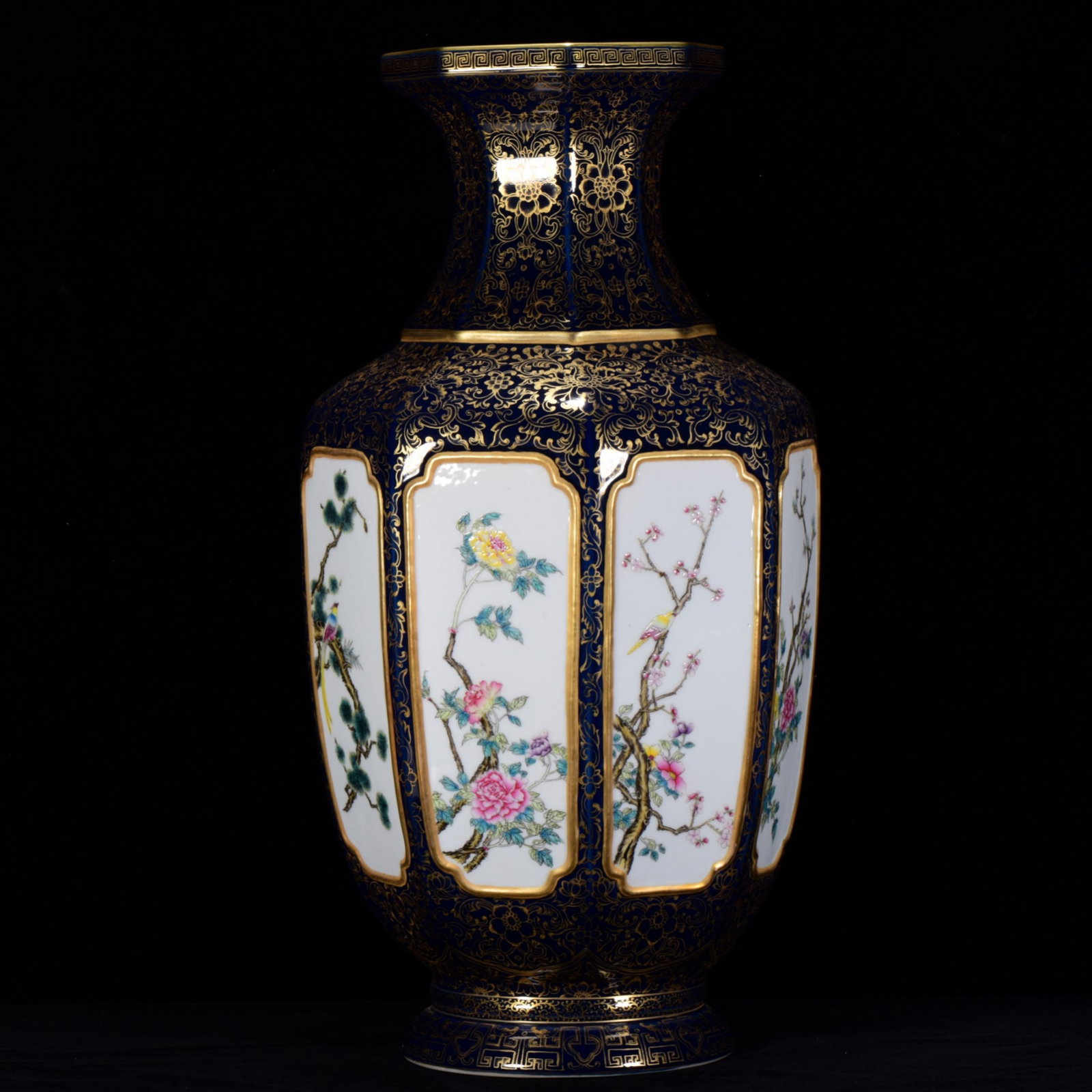 A Huge Ji Blue Glazed Famille-Rose Painted Gold Flower and Bird Pattern Vase: A Huge Ji Blue Glazed Famille-Rose Painted Gold Flower and Bird Pattern Vase,Qing Dynasty,China,Qianlong Four-Character Mark,Size:18.1inx8.7in 霁蓝釉粉彩描金&