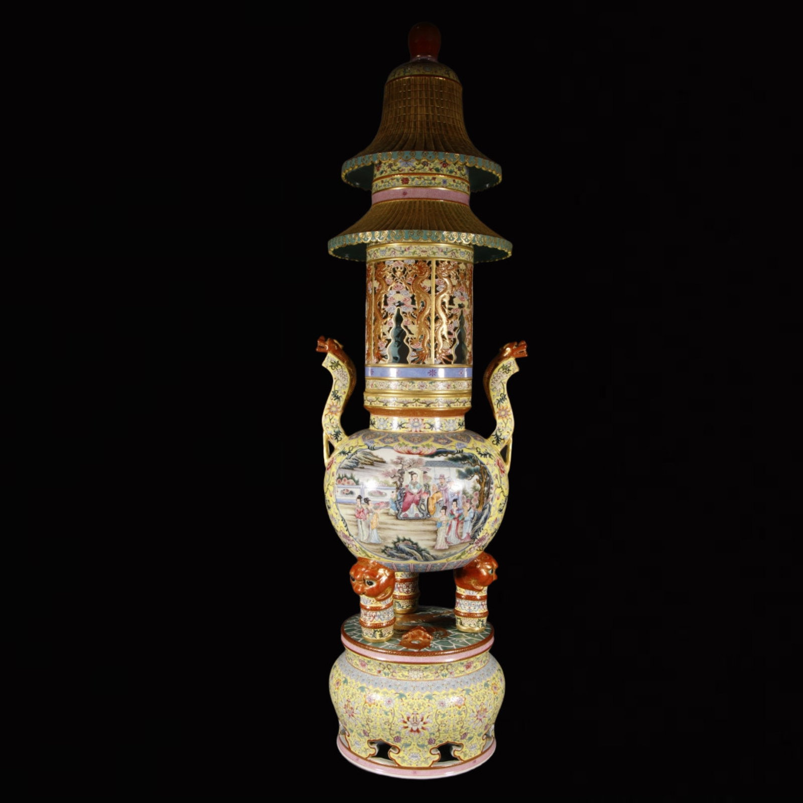 An Exquisite Yellow Ground Enamel Character and Story Pattern Double-Ears and Tripod Censer,with: An Exquisite Yellow Ground Enamel Character and Story Pattern Double-Ears and Tripod Censer,with Base,Qing Dynasty,China,Yongzheng Four-character Mark,Size:46.5inx10.4in 黄地珐ச