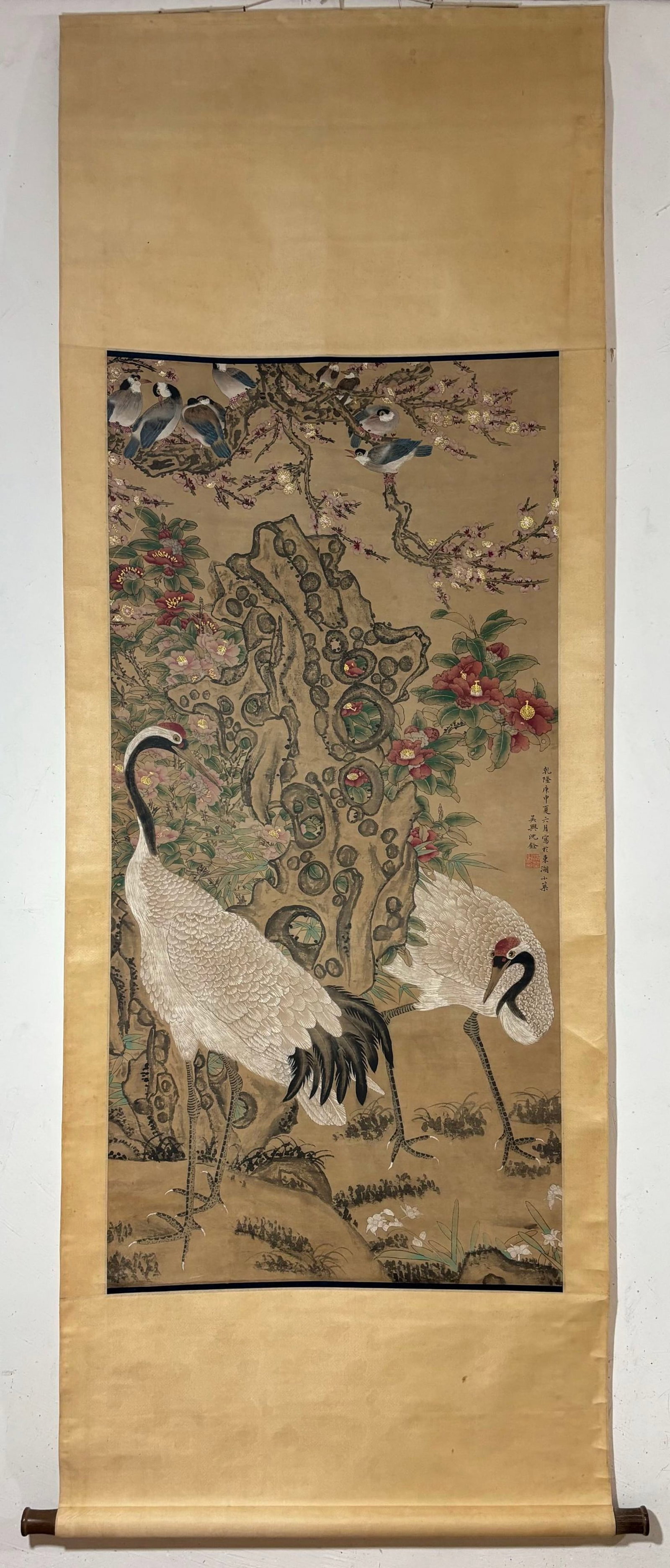 A Chinese Vertical Scroll Ink Painting of Crane on Paper: A Chinese Vertical Scroll Ink Painting of Crane on Paper,Shen Quan,Size:51.8inx25.6in 一幅中国水墨鹤画立轴,沈铨