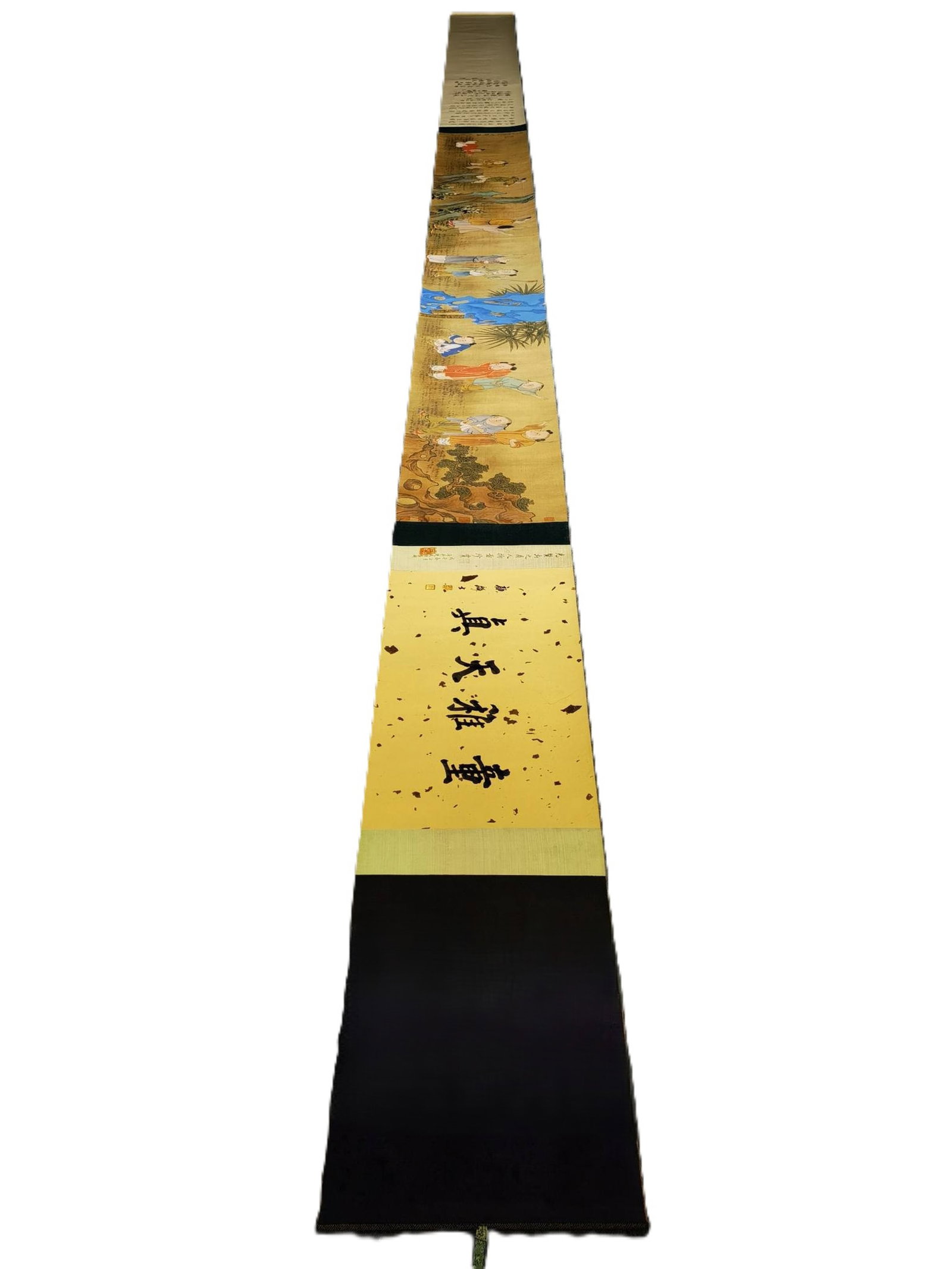 A Chinese Hand Scroll Ink Painting of Character and Story on Silk: A Chinese Hand Scroll Ink Painting of Character and Story on Silk,Yu Zhiding,Size:(overall length)267.7inx12.6in,(Without frame)189inx12.6in 一幅中国水墨绢