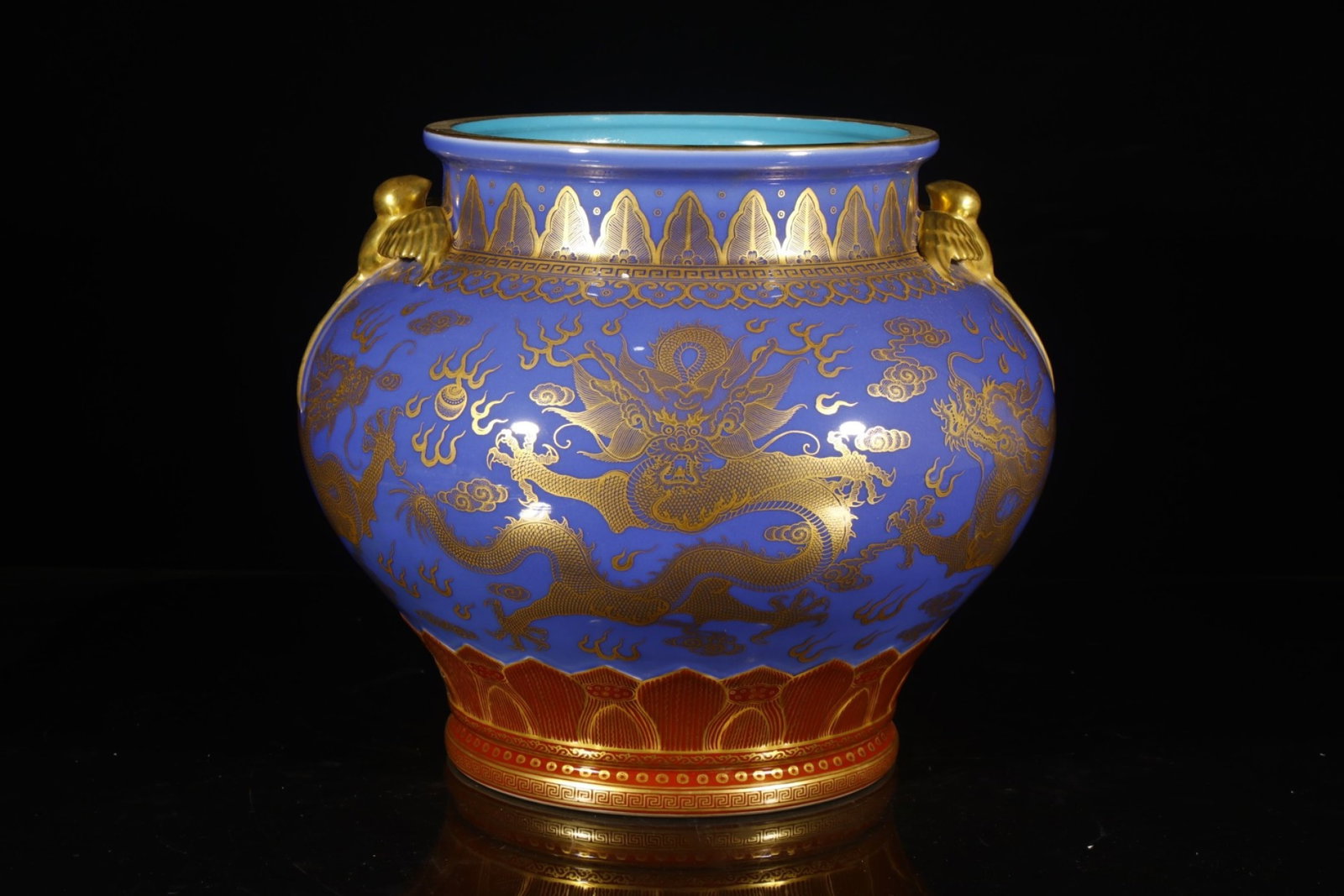 A Rare Ji Blue Glazed Painted Gold Auspicious Cloud and Dragon Pattern Beast-Ears Vat: A Rare Ji Blue Glazed Painted Gold Auspicious Cloud and Dragon Pattern Beast-Ears Vat,Qing Dynasty,China,Qianlong Six-character Mark,Size:12.6inx10.2in 霁蓝釉描金祥