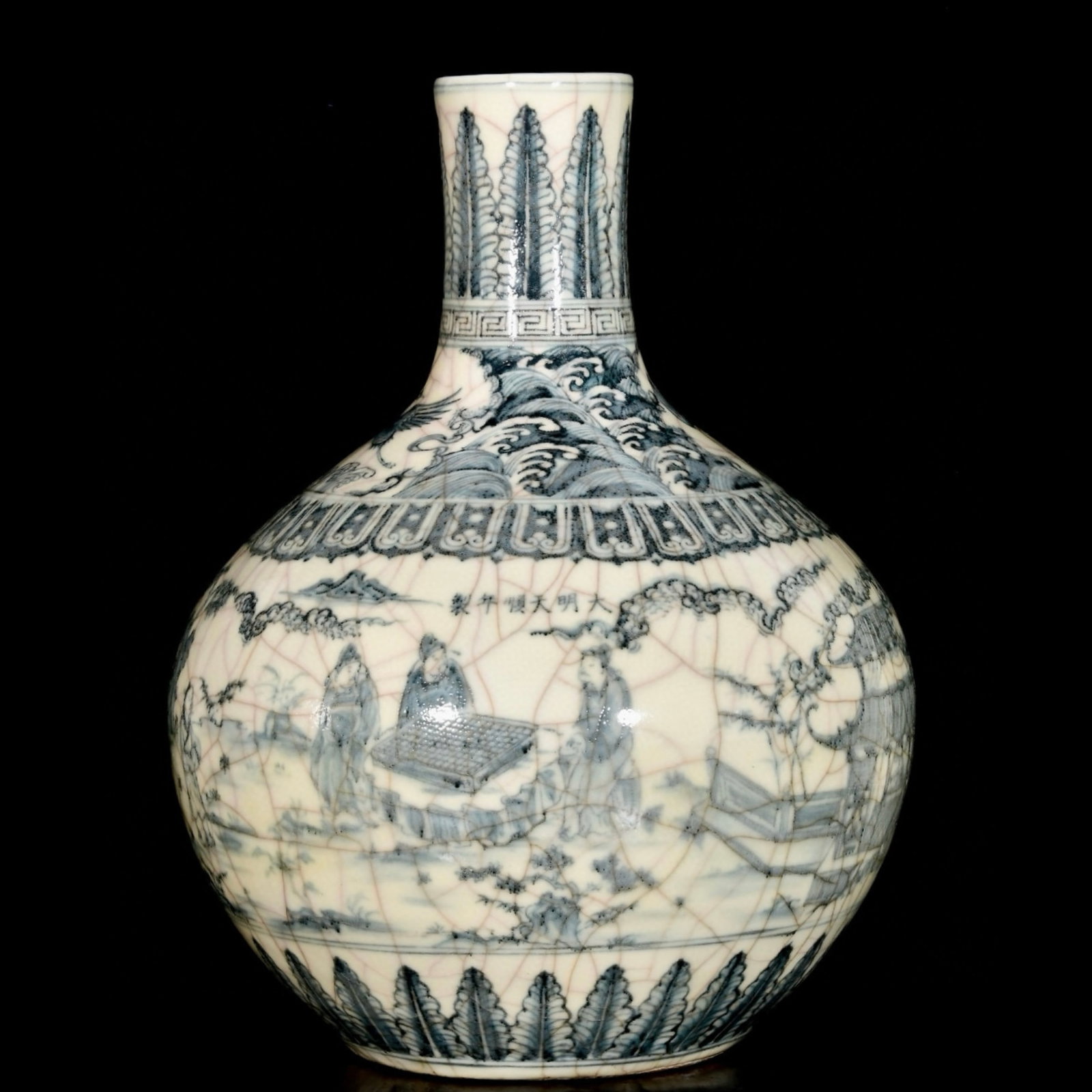 A Huge Blue and White Figure and Story Pattern Vase: A Huge Blue and White Figure and Story Pattern Vase,Ming Dynasty,China,Tianshun Six-Character Mark,Size:16.9inx13.4in 青花人物故事纹瓶,中国&