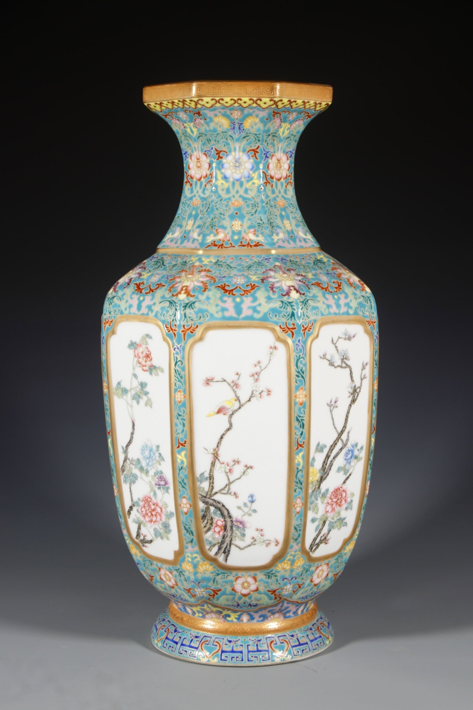 An Exquisite Enamel Flower and Bird Pattern Vase: An Exquisite Enamel Flower and Bird Pattern Vase,Qing Dynasty,China,Qianlong Four-character Mark,Size:18.1inx6.1in 珐琅彩花鸟纹瓶,中国清