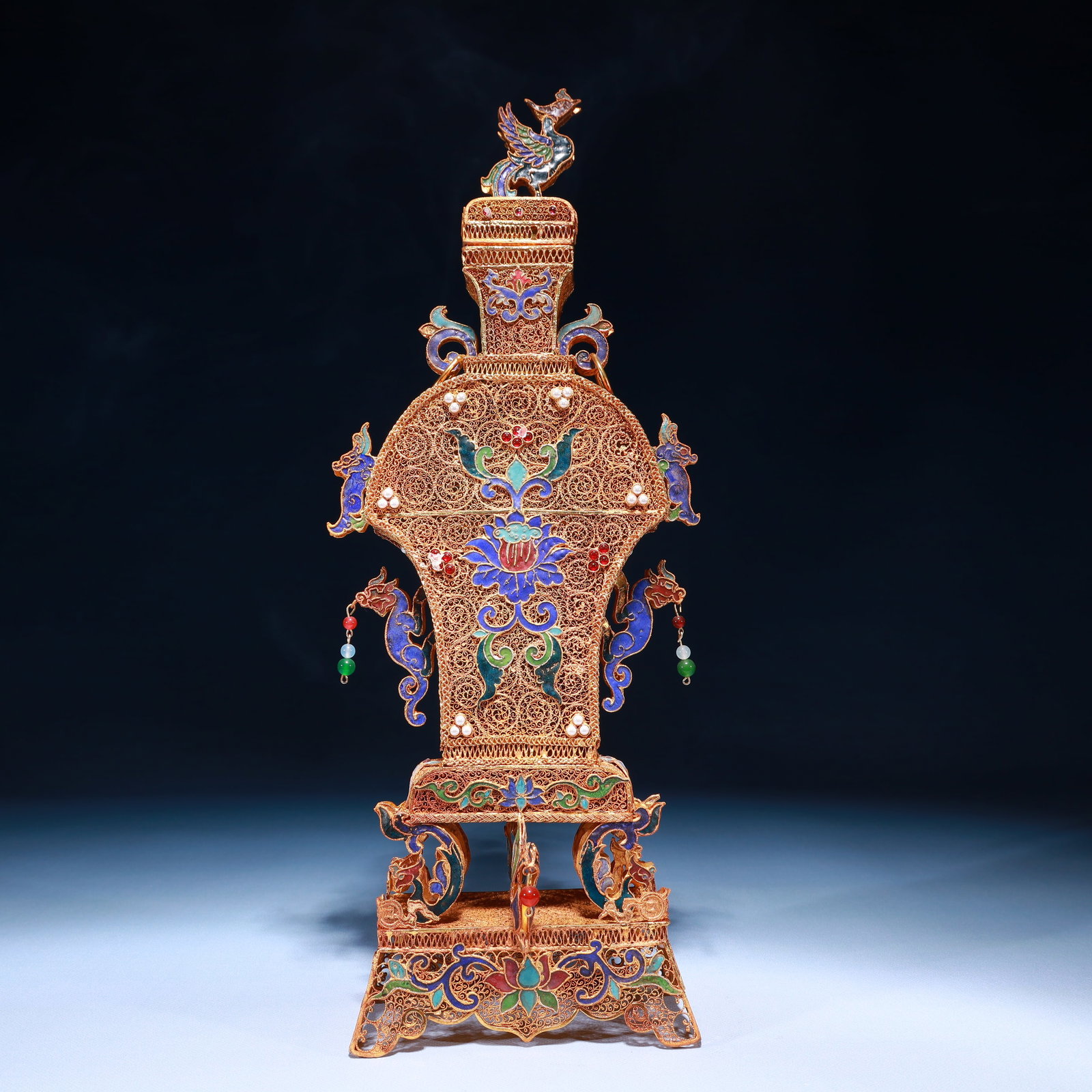 An Exquisite Filigree and Gilding Lotus Pattern Double-Ears Bottle,Inlaid Pearl: An Exquisite Filigree and Gilding Lotus Pattern Double-Ears Bottle,Inlaid Pearl,Qing Dynasty,China,Size:6.3inx3.3inx17.3in,Weight:850g 掐丝鎏金缠枝莲纹&