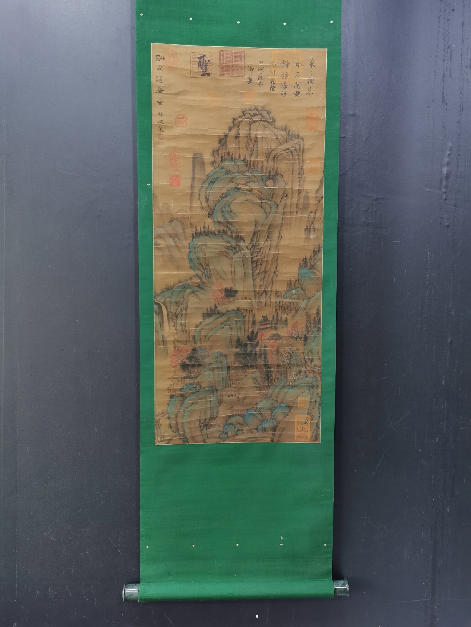 A Chinese Vertical Scroll Ink Painting of Landscape on Silk: A Chinese Vertical Scroll Ink Painting of Landscape on Silk,Han Huang,Size:34.1inx14.8in