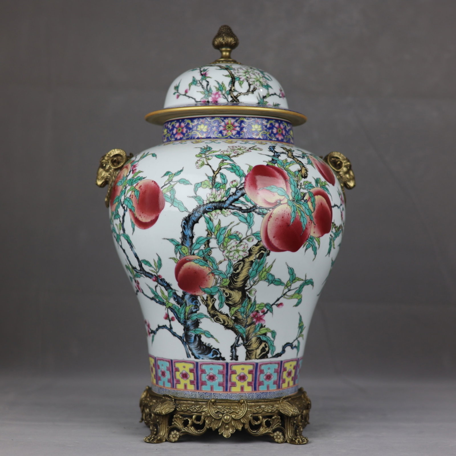 A Huge Famille-Rose Inlaid Bronze Bats and Peach Pattern Sheep-Ears Jar with Cover: A Huge Famille-Rose Inlaid Bronze Bats and Peach Pattern Sheep-Ears Jar with Cover,Qing Dynasty,China,Qianlong Four-Character Mark,Size:20.1inx11.8in