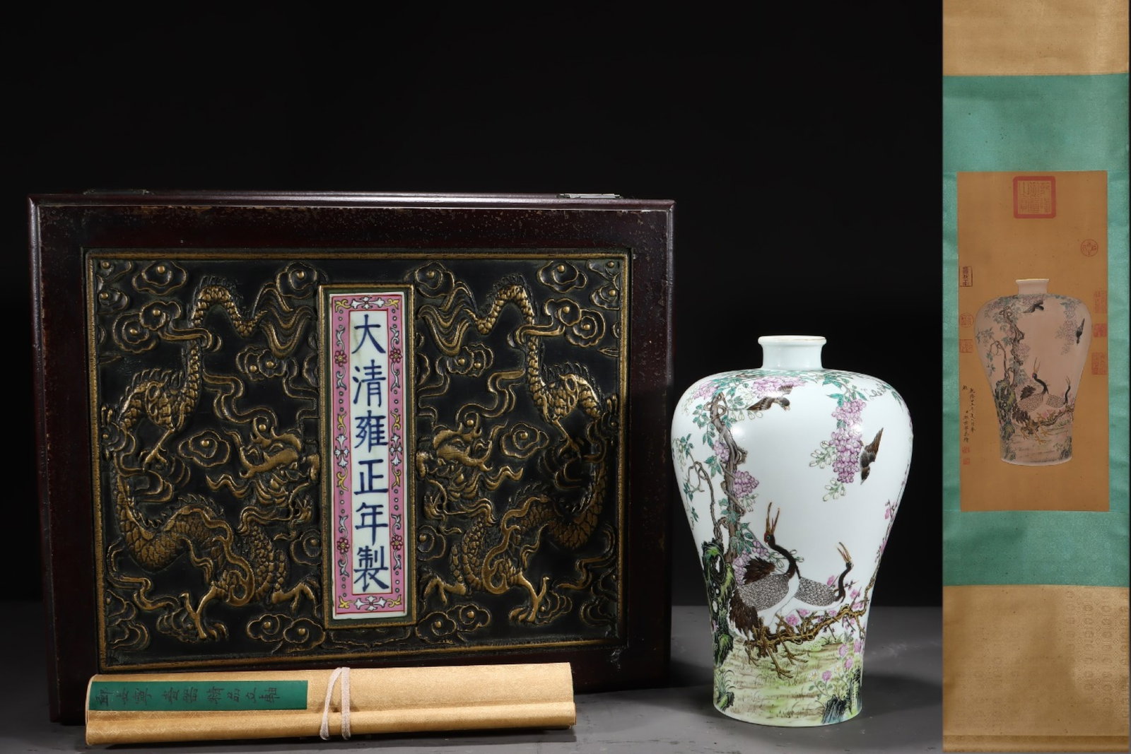 A Rare Famille-Rose Flower and Bird Pattern Vase,with Poem,with Chinese Vertical Scroll Ink Painting: A Rare Famille-Rose Flower and Bird Pattern Vase,with Poem,with Chinese Vertical Scroll Ink Painting on Silk,Qing Dynasty,China,Yongzheng Six-Character Mark,Size:(Without Frame)24.4inx10.8in,(Porcelai