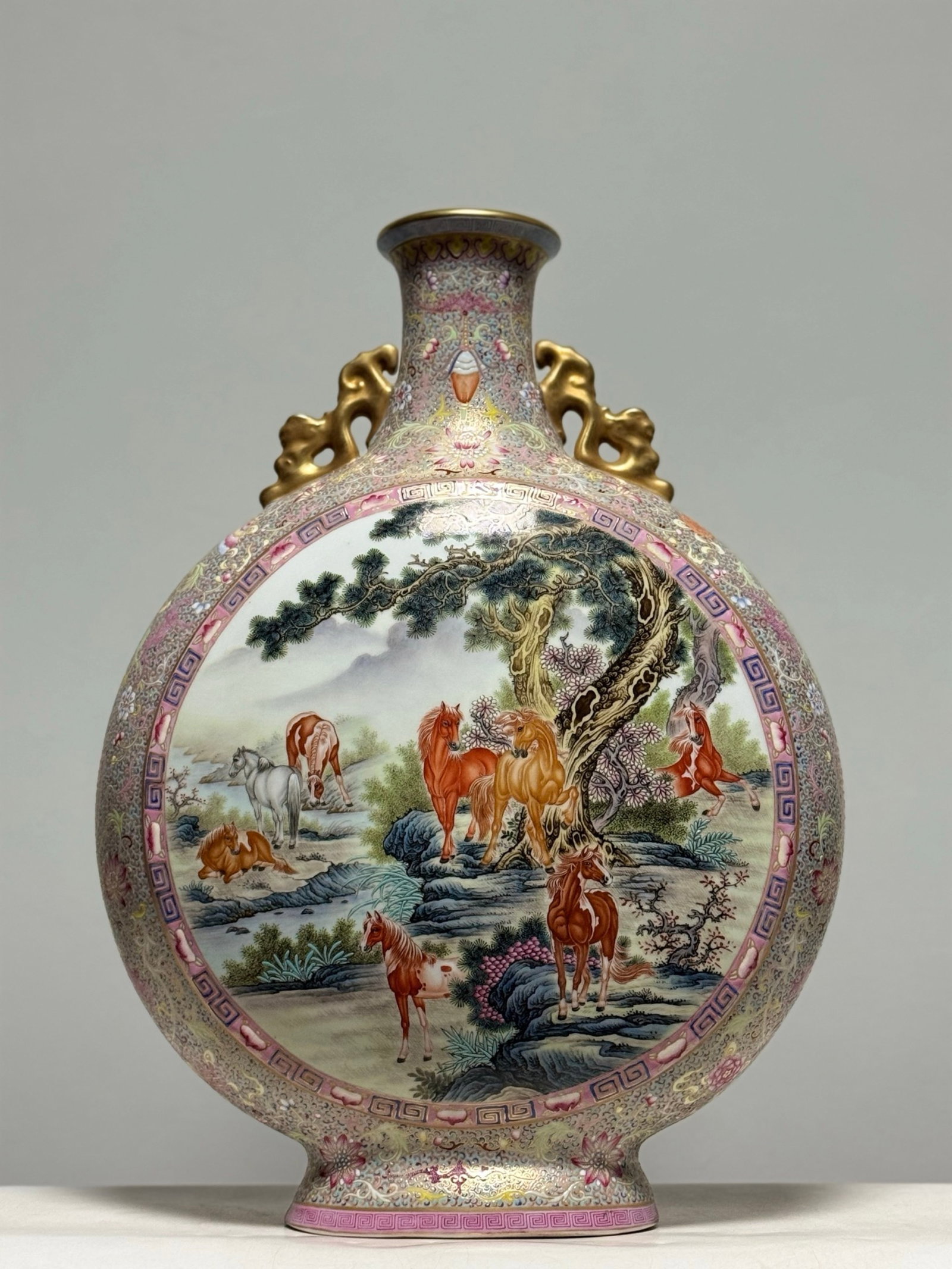 A Huge Enamel Painted Gold Horse Pattern Double-Ears Vase: A Huge Enamel Painted Gold Horse Pattern Double-Ears Vase,Qing Dynasty,China,Qianlong Six-character Mark,Size:22.2inx16.5in 珐琅彩描金骏马纹双 
