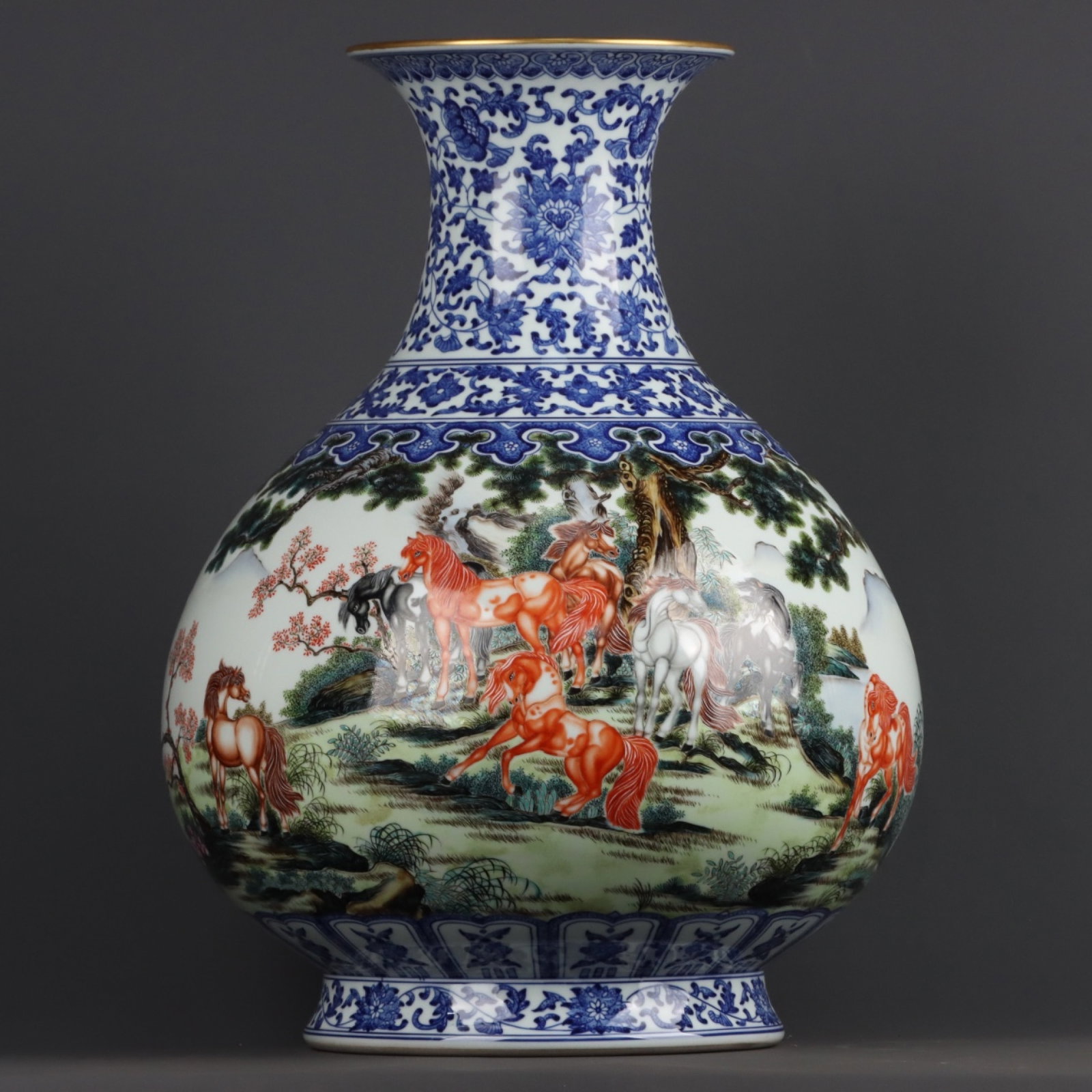 A Huge Blue and White Gilt Horse Pattern Vase ,with Poem: A Huge Blue and White Gilt Horse Pattern Vase ,with Poem ,Qing Dynasty, China,Qianlong Six-character Mark,Size:20.1inx13.8in