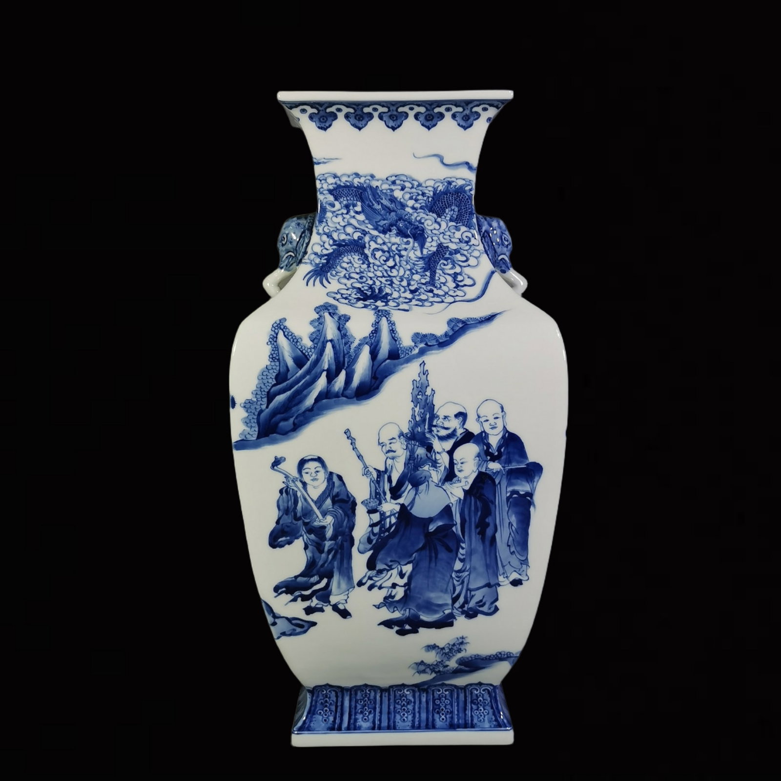 A Exquisite Blue and White Figure Pattern Story Elephant Pattern Double-Ears Vase: A Exquisite Blue and White Figure and Story Pattern Double-Ears Vase ,Qing Dynasty, China, Qianlong Six-character Mark,Size:18.3inx9.1in 青花人物故事象纹