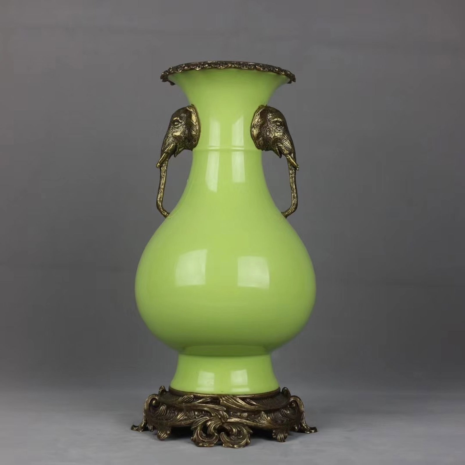 A Rare Green Glazed Inlaid Bronze Elephant-Ears Vase: A Rare Green Glazed Inlaid Bronze Elephant-Ears Vase,Qing Dynasty,China,Yongzheng Six-Character Mark,Size:14.2inx6.7in