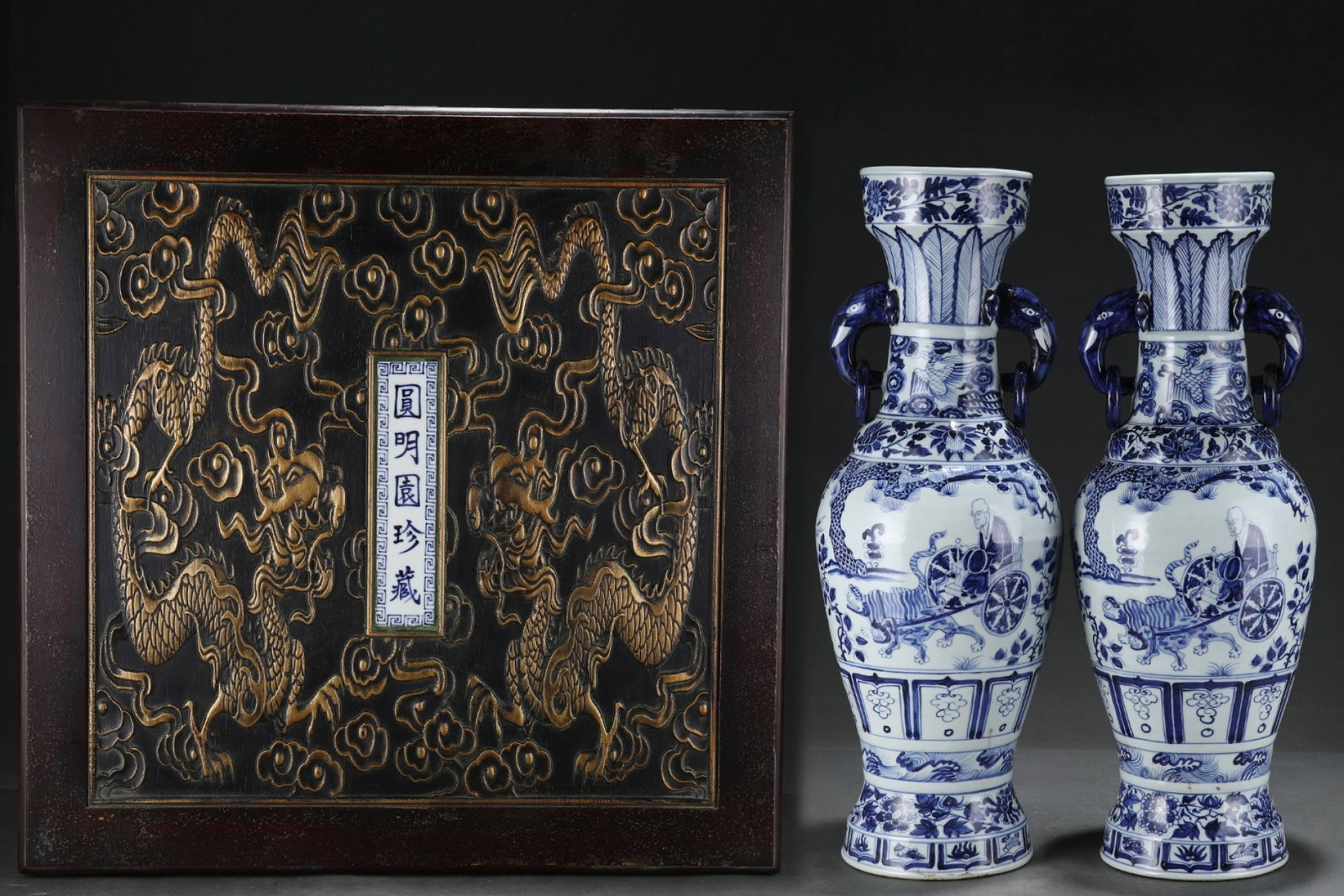 A Pair of Huge Blue and White Character and Story Pattern Double-Ears Vase,with poems: A Pair of Huge Blue and White Character and Story Pattern Double-Ears Vase,with poems,Yuan Dynasty, China,Size:24.2inx8.7in 一对青花人物故事纹