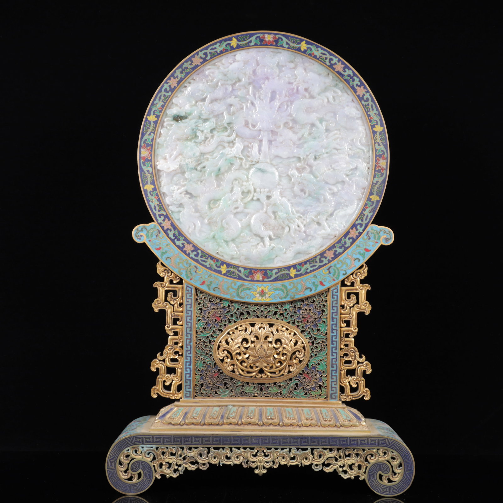 An Exquisite Cloisonne Inlaid White Jade Dragon Pattern Table Screen,with poem: An Exquisite Cloisonne Inlaid White Jade Dragon Pattern Table Screen,with poem,Qing Dynasty, China,Qianlong Four-character Mark,Size:18.9inx12.2inx3.5in,Weight:4750g 景泰蓝嵌&#