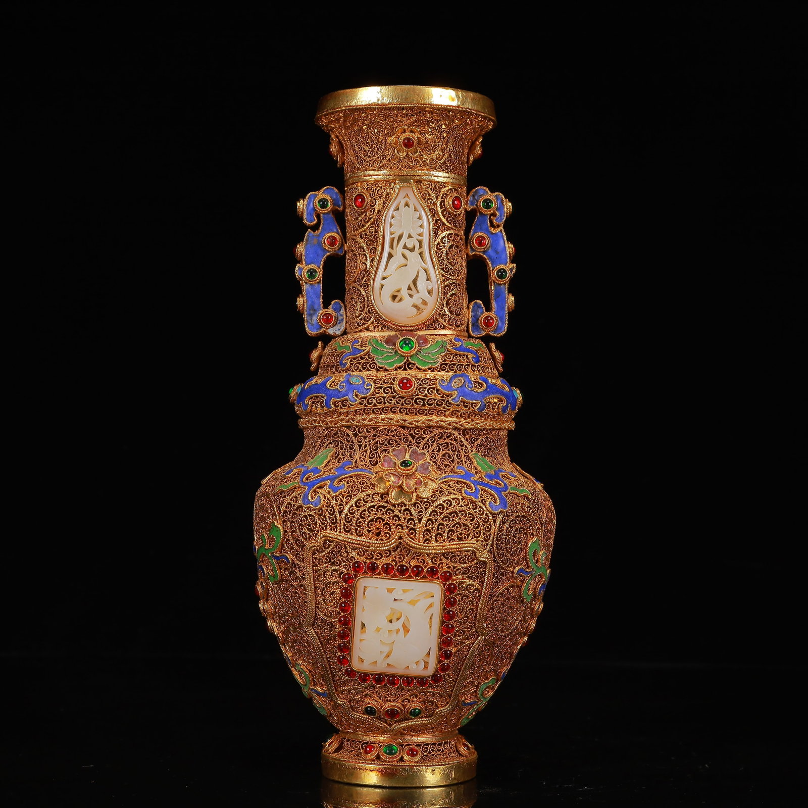 An Exquisite Filigree and Gilding Inlaid White Jade Flower Pattern Dragon-Ears Censer,Inlaid Gems: An Exquisite Filigree and Gilding Inlaid White Jade Flower Pattern Dragon-Ears Censer,Inlaid Gems,Qing Dynasty, China,Qianlong Four-Character Mark,Size:4.3inx9.8in,Weight:700g 花丝鎏