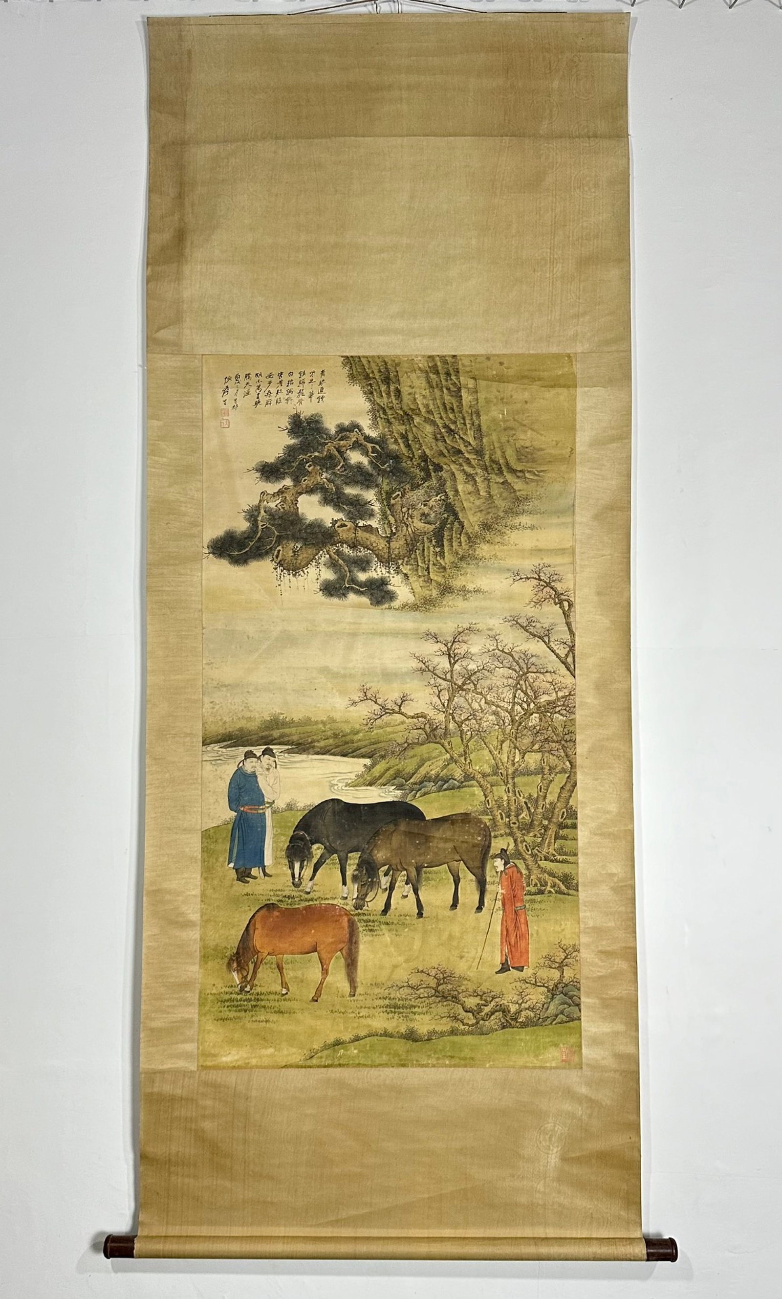 A Chinese Vertical Scroll Ink Painting of Figure and Story on Silk: A Chinese Vertical Scroll Ink Painting of Figure and Story on Silk,Zhang Daqian,Size:(Without Frame)48inx25.6in,(Entirety)82.7inx33.5in 一幅中国水墨绢本