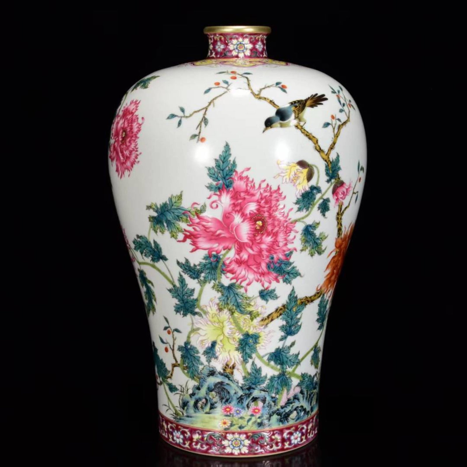 A Rare Famille-Rose Painted Gold Flower and Bird Pattern Vase,with Poem: A Rare Famille-Rose Painted Gold Flower and Bird Pattern Vase,with Poem,Qing Dynasty,China,Yongzheng Six-Character Mark,Size:15inx9.1in 粉彩描金花鸟纹瓶