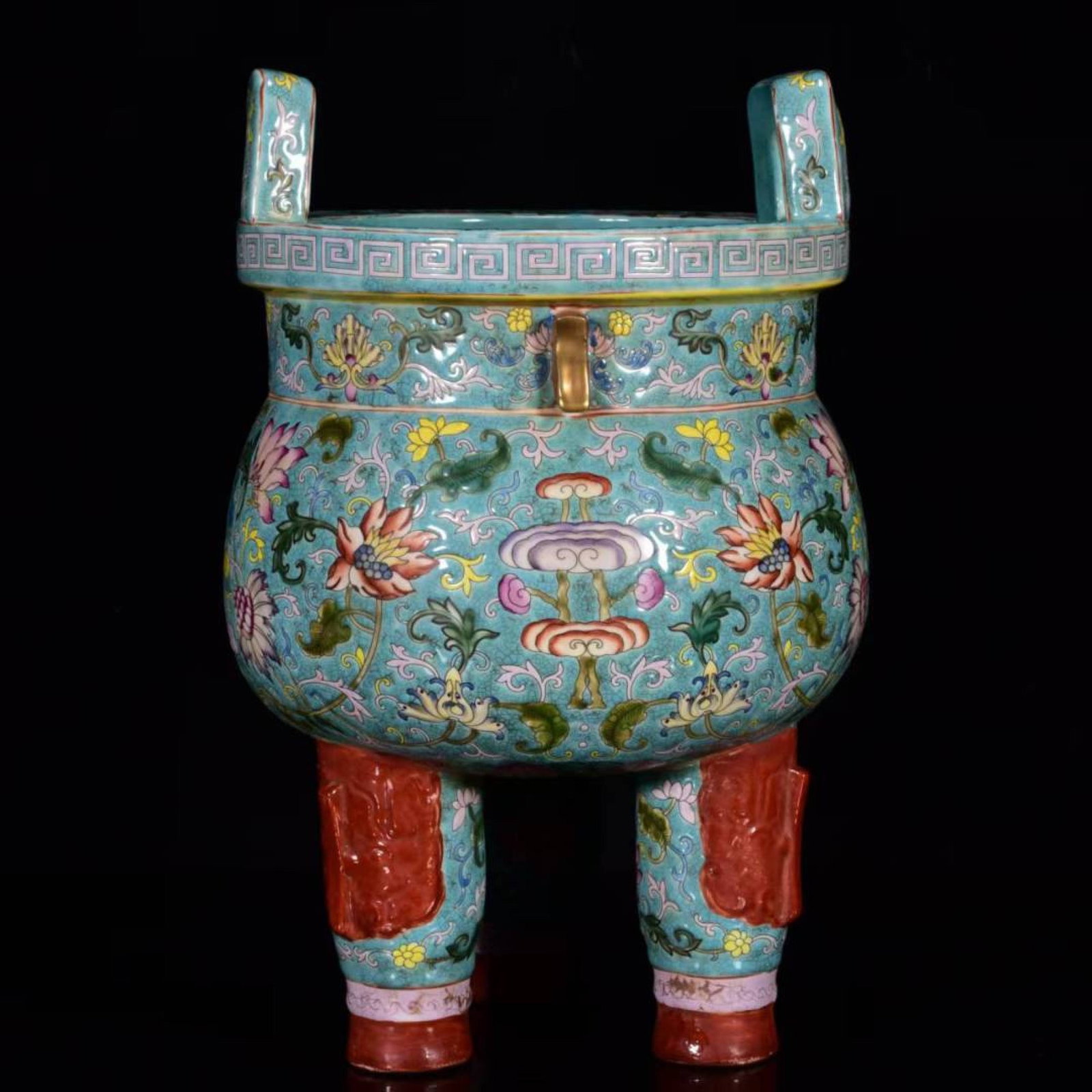 An Exquisite Famille-Rose Lotus Pattern Double-Ears and Tripod Censer: An Exquisite Famille-Rose Lotus Pattern Double-Ears and Tripod Censer,Qing Dynasty,China,Yongzheng Four-character Mark,Size:12.2inx7.9in 粉彩缠枝莲纹双耳