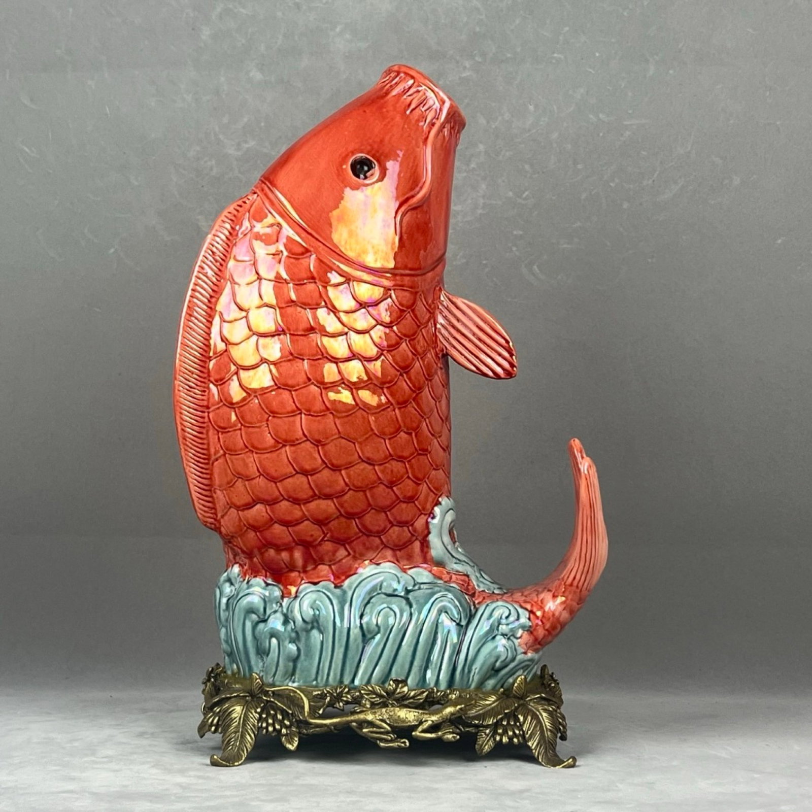 A Huge Red Glazed Inlaid Bronze Fish Ornament: A Huge Red Glazed Inlaid Bronze Fish Ornament,Qing Dynasty,China,Size:16.1inx8.3in 红釉嵌铜鱼摆件,中国清代