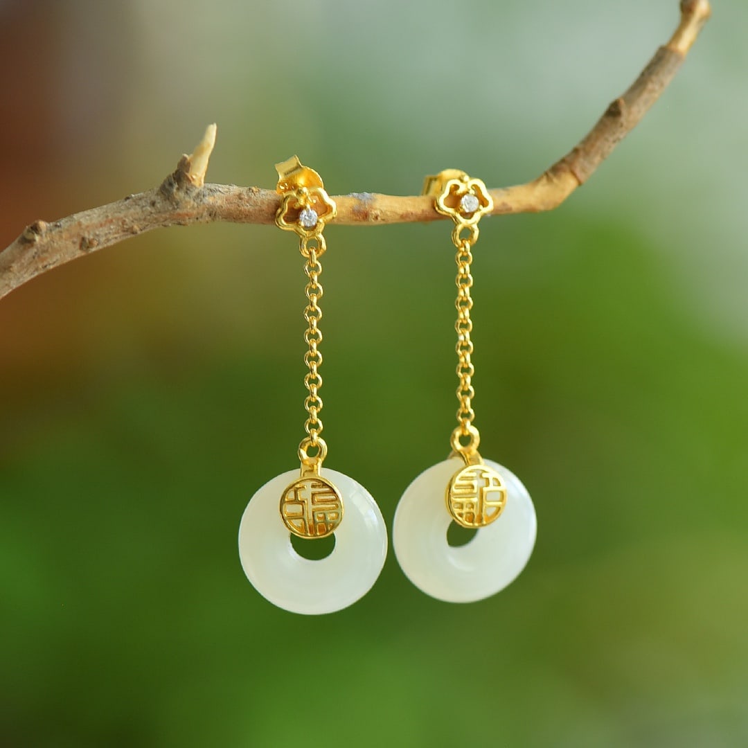 A Pair of Exquisite Sterling Silver-Gold Plated Inlaid White Jade Earrings: A Pair of Exquisite Sterling Silver-Gold Plated Inlaid White Jade Earrings, 一对纯银镀金镶白玉耳环