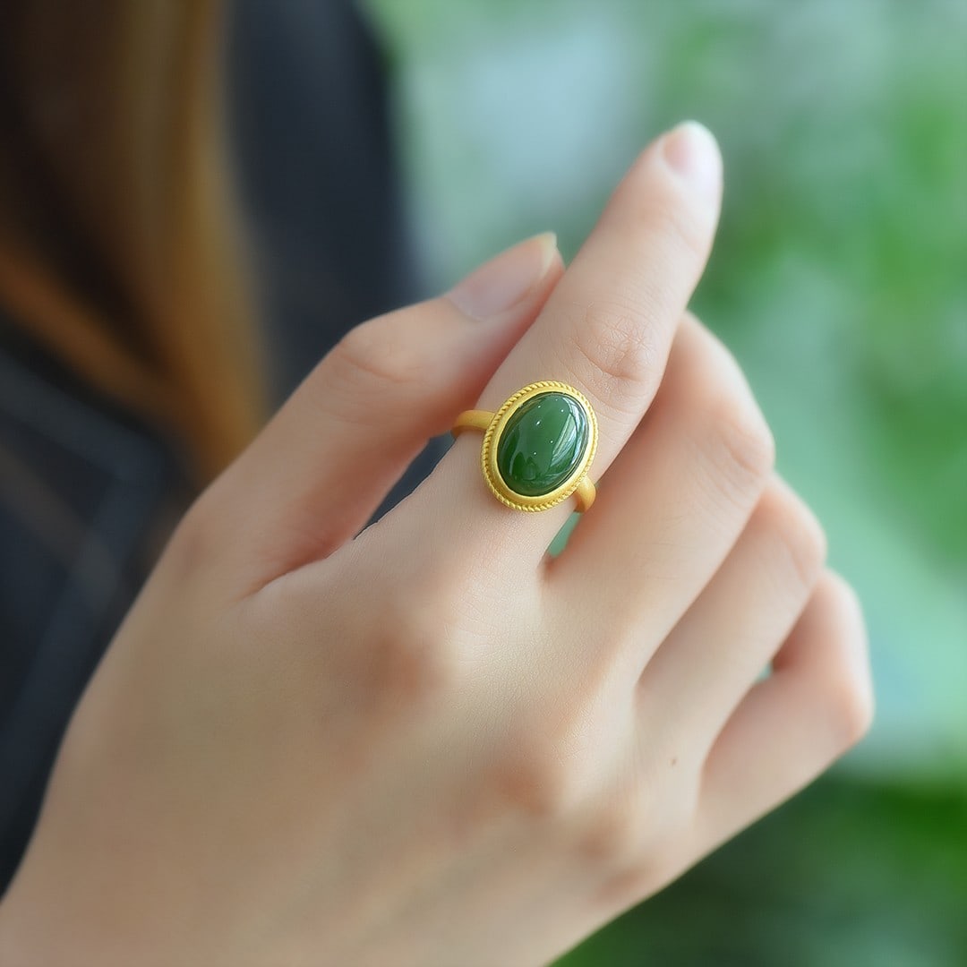 An Exquisite Sterling Silver-Gold Plated Inlaid Jasper Ring: An Exquisite Sterling Silver-Gold Plated Inlaid Jasper Ring,Size:10mmx14mm 纯银镀金镶碧玉戒指