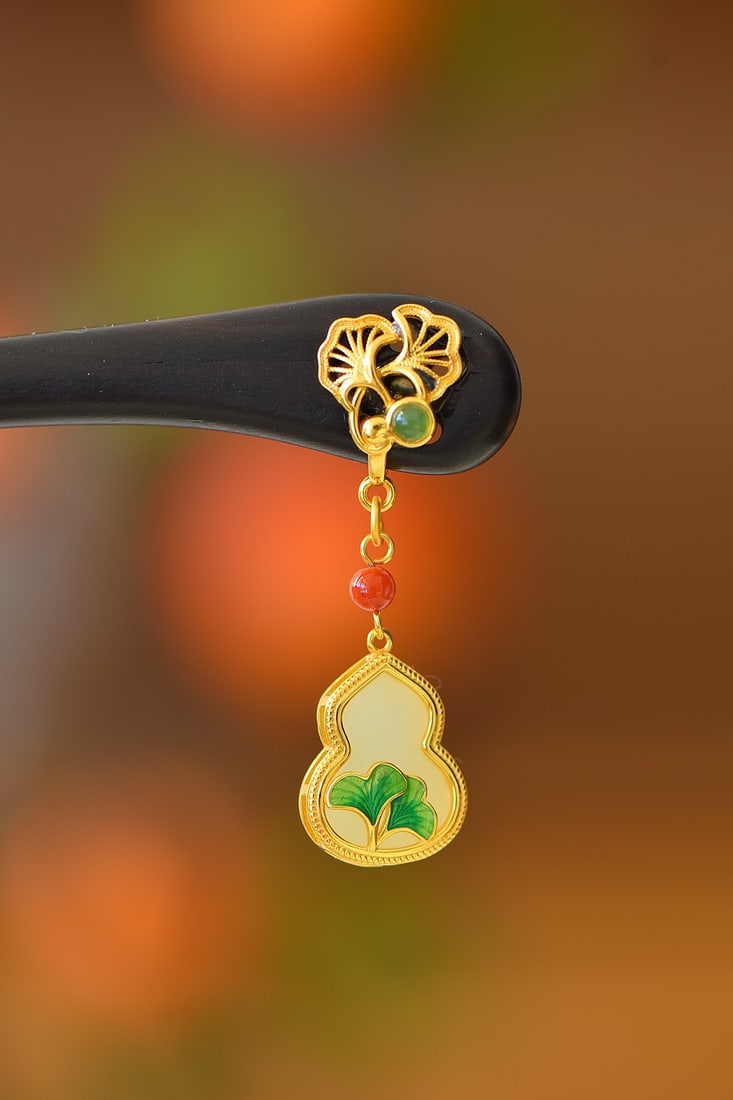 An Exquisite Sterling Silver-Gold Plated Inlaid White Jade Enamel Ebony Hairpin: An Exquisite Sterling Silver-Gold Plated Inlaid White Jade Enamel Ebony Hairpin 纯银镀金镶白玉珐琅黑檀木发簪
