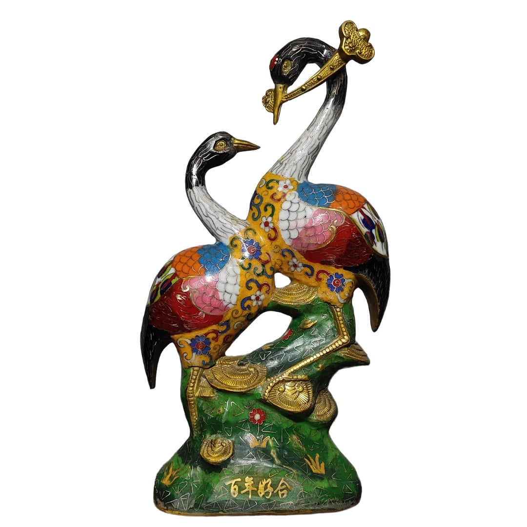 An Exquisite Gilt Bronze Cloisonne Lotus Pattern Crane Ornament: An Exquisite Gilt Bronze Cloisonne Lotus Pattern Crane Ornament,Qing Dynasty,China,Qianlong Four-character Mark,Size:14.6inx7.9inx3.5in,Weight:2950g 铜鎏金景泰蓝