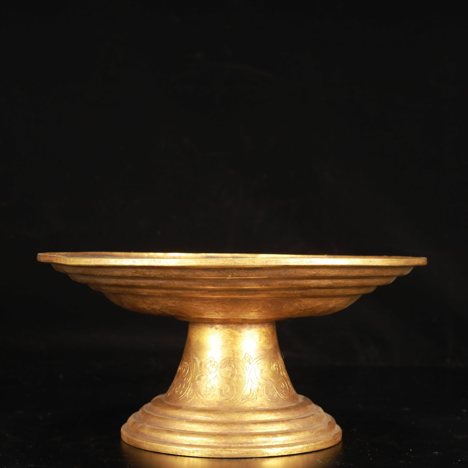 An Exquisite Gilt Bronze Eight Treasures Pattern Stem Plate: An Exquisite Gilt Bronze Eight Treasures Pattern Stem Plate,Qing Dynasty, China,Size:10.6inx4.7in,Weight:1200g 铜鎏金八宝纹高足盘,中国