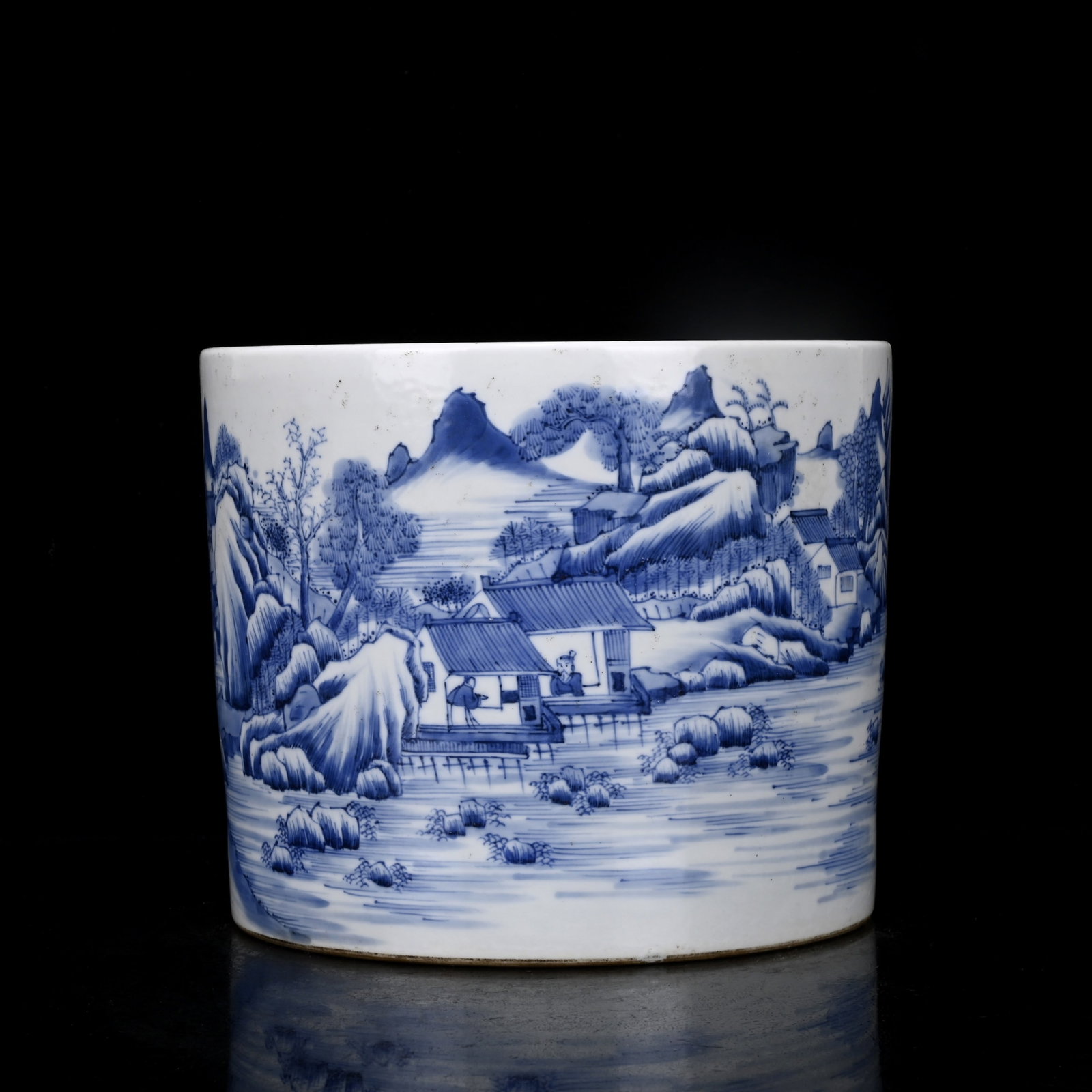 An Exquisite Blue and White Landscape and Figure Pattern Brush Pot: An Exquisite Blue and White Landscape and Figure Pattern Brush Pot,Qing Dynasty,China,Kangxi Six-Character Mark,Size:6.5inx7.9in 青花山水人物纹笔筒