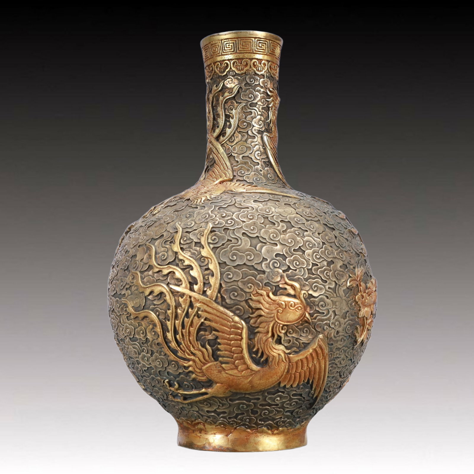 A Rare Gilt Silver Dragon and Phoenix Pattern Vase: A Rare Gilt Silver Dragon and Phoenix Pattern Vase,Qing Dynasty, China,Qianlong Four-character Mark,Size:7.1inx10.6in,Weight:1700g 银鎏金龙凤纹瓶,中