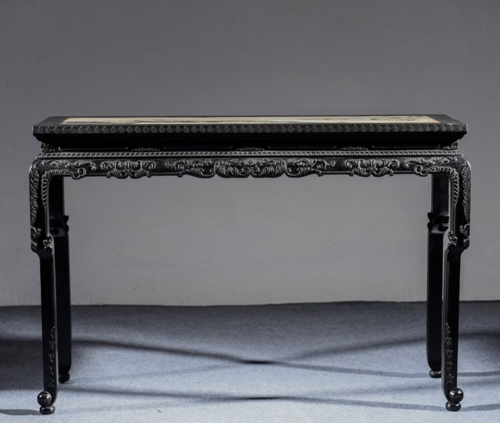 An Exquisite Zitanwood Inlaid Marble Long Table: An Exquisite Zitanwood Inlaid Marble Long Table ,Qing Dynasty, China,Size:46.5inx15inx31.9in 紫檀木嵌大理石条案 ,中国清代