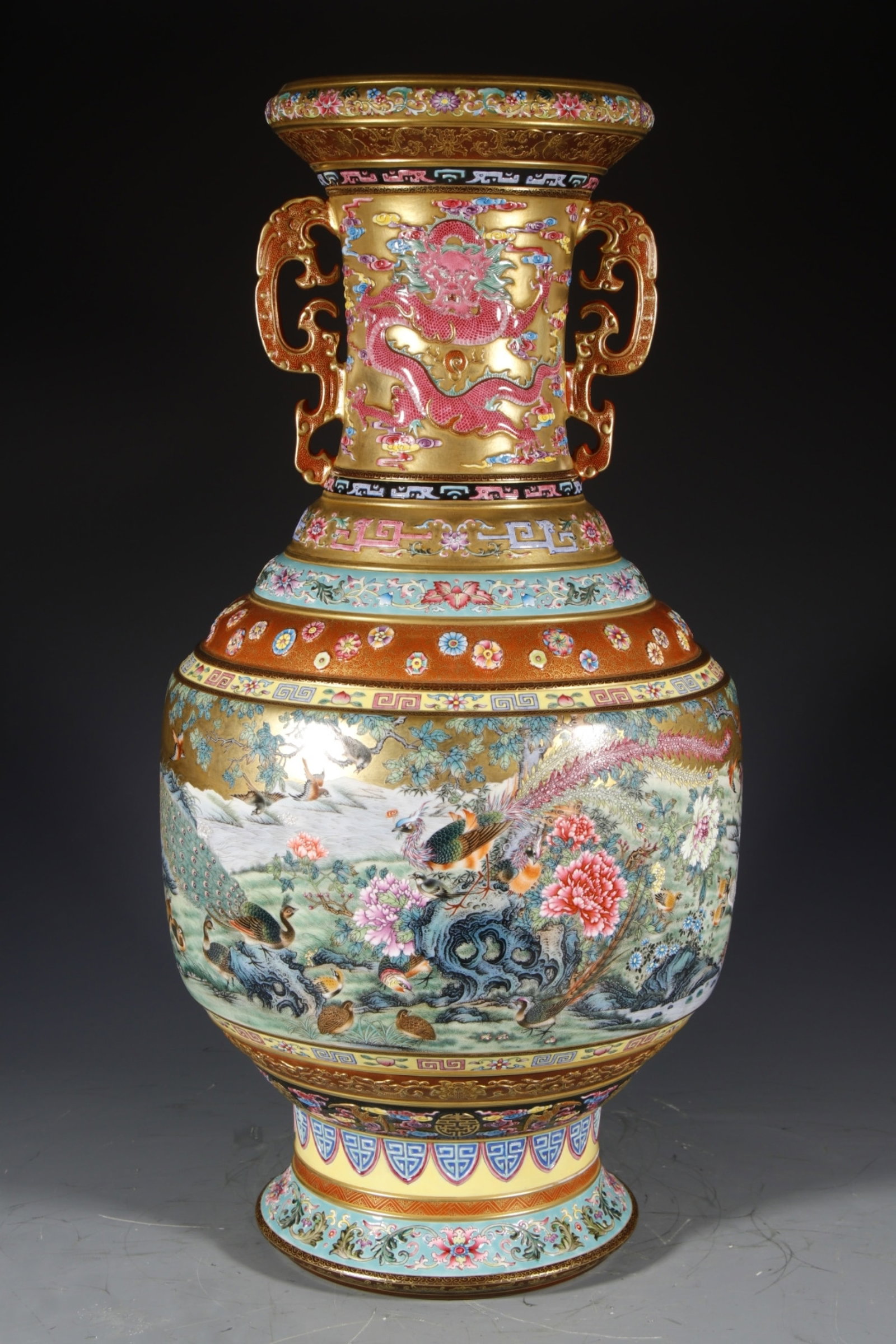 An Exquisite Enamel Gold Ground Flower and Phoenix Pattern Double-Ears Vase: An Exquisite Enamel Gold Ground Flower and Phoenix Pattern Double-Ears Vase,Qing Dynasty,China,Qianlong Six-character Mark,Size:24inx7.5in 珐琅彩金地花卉Ñ