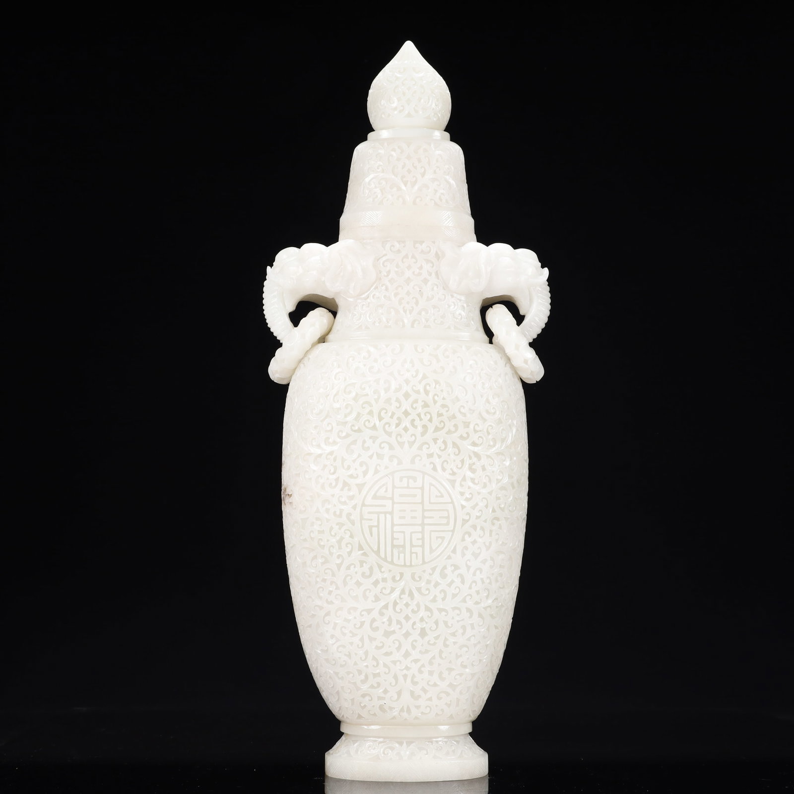 A Huge White Jade Flower Pattern Double-Ears Bottle: A Huge White Jade Flower Pattern Double-Ears Bottle,Qing Dynasty, China,Size:7.5inx2.8inx18.5in,Weight:5600g 白玉花卉纹双耳盖瓶,中国&#