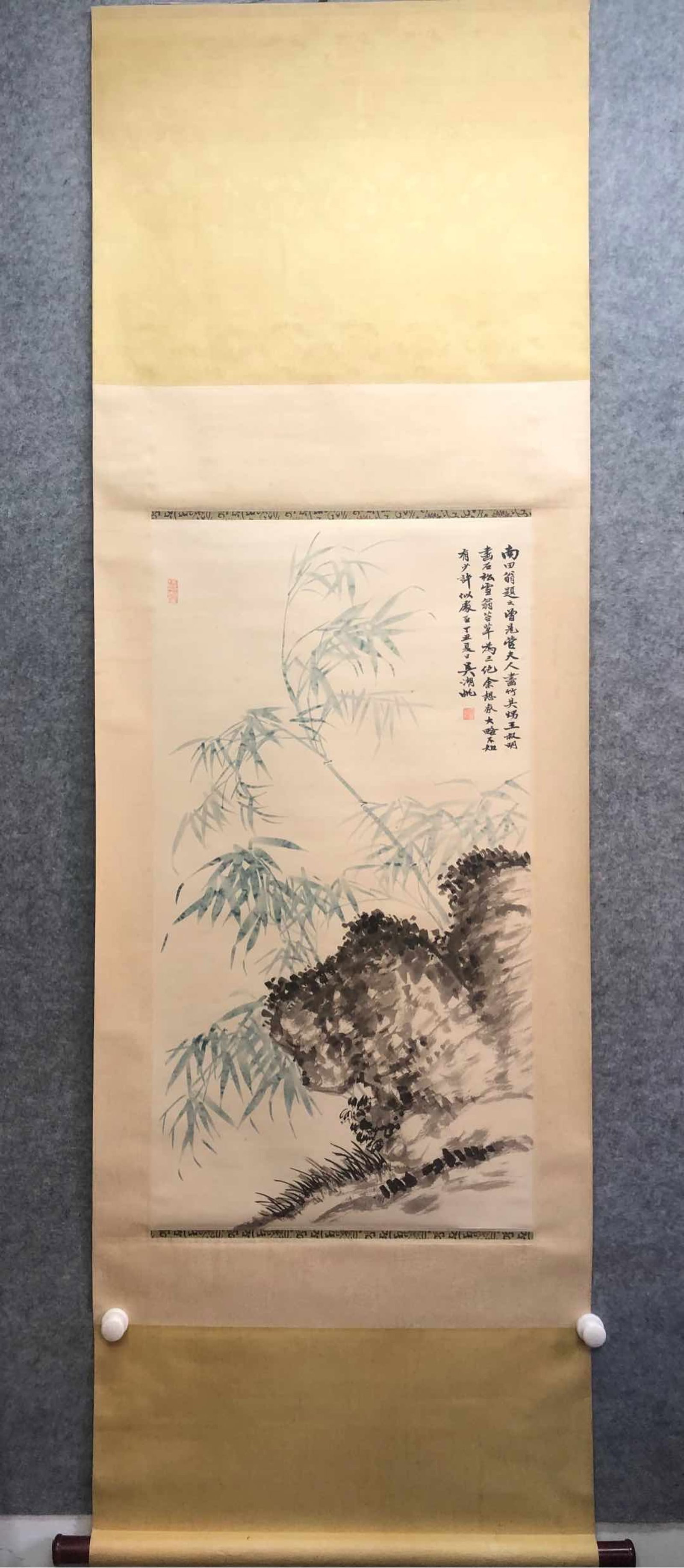 A Chinese Vertical Scroll Ink Painting of Bamboo on Paper: A Chinese Vertical Scroll Ink Painting of Bamboo on Paper,Wu Hufan,Size:19.7inx36.8in 一幅中国水墨竹画立轴,吴湖帆
