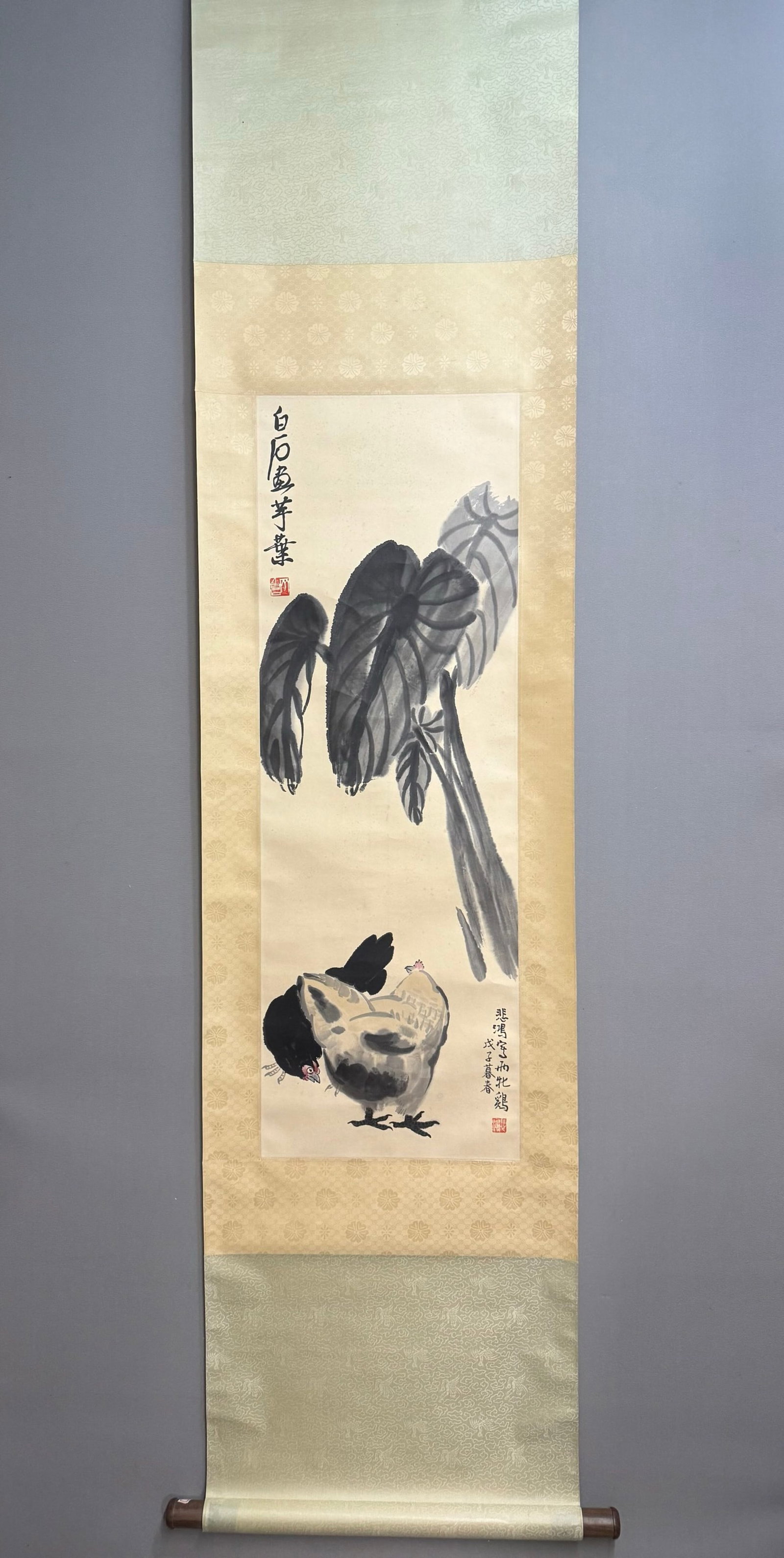 A Chinese Vertical Scroll Ink Painting of Rooster on Paper: A Chinese Vertical Scroll Ink Painting of Rooster on Paper,Qi Baishi&Xu Beihong,Size:39.8inx13.4in 一幅中国水墨公鸡画立轴,齐