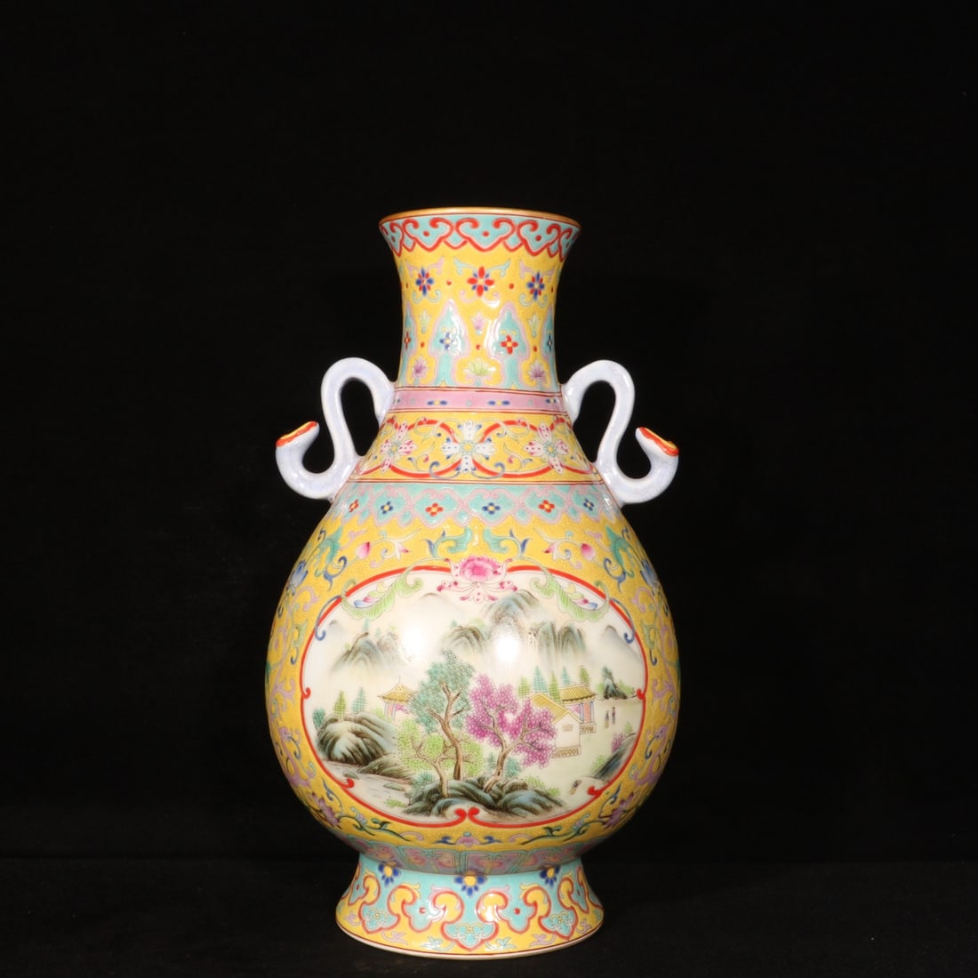 A Rare Enamel Painted Gold Landscape Pattern Double-Ears Vase: A Rare Enamel Painted Gold Landscape Pattern Double-Ears Vase,Qing Dynasty,China,Yongzheng Six-character Mark,Size:13inx7.9in 珐琅彩描金山水纹双&#