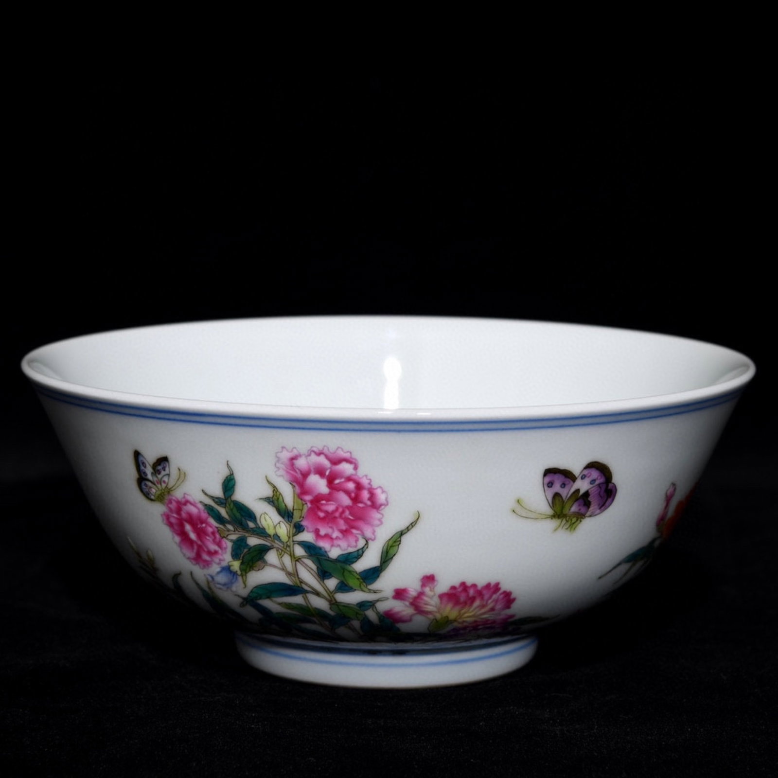 An Exquisite Famille-Rose Flower and Butterfly Pattern Bowl,with Poem: An Exquisite Famille-Rose Flower and Butterfly Pattern Bowl,with Poem,Qing Dynasty,China,Yongzheng Six-Character Mark,Size:2.4inx5.7in 粉彩花卉蝴蝶纹碗,