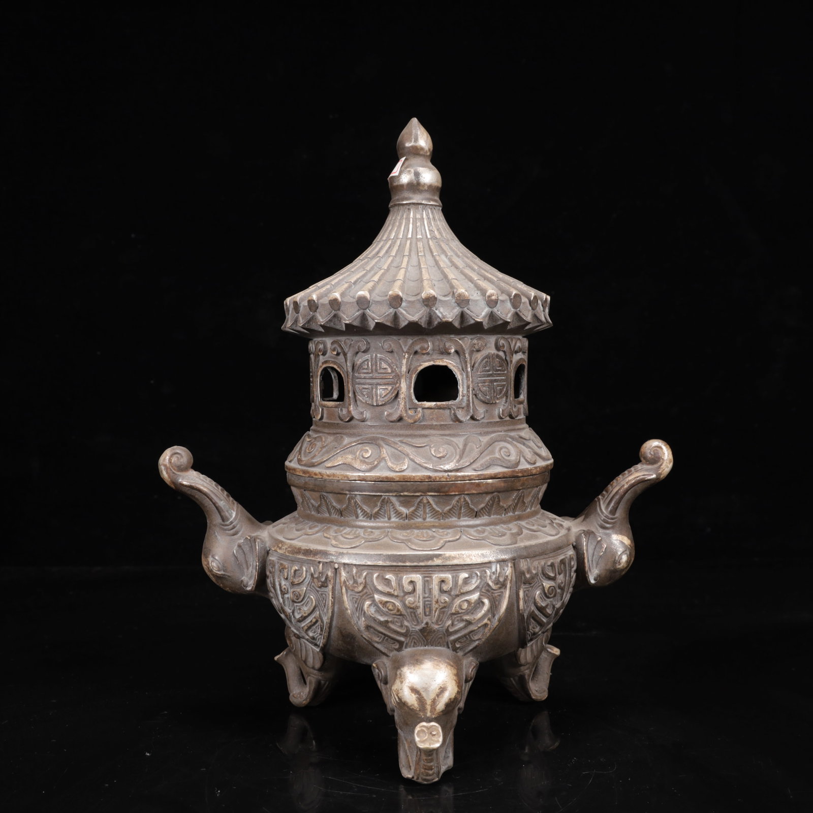 An Exquisite Silver-Plated Bronze Beast-Face Pattern Double-Ears and Tripod Censer (1 of 14)