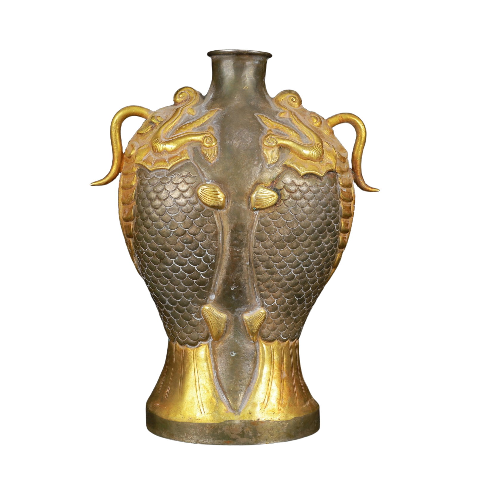 An Exquisite Gilt Silver Double-Ears Fish Vase: An Exquisite Gilt Silver Double-Ears Fish Vase,Qing Dynasty,China,Size:5.1inx3.1inx7.1in,Weight:700g 银鎏金双耳鱼瓶,中国清代