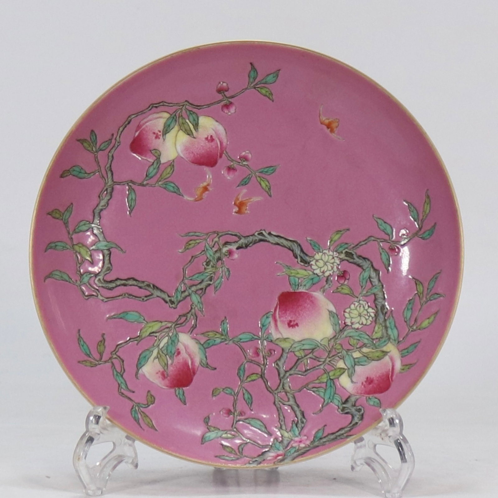 An Exquisite Ruby Red-Glazed Bats and Peach Pattern Plate: An Exquisite Ruby Red Glazed Bats and Peach Pattern Plate,Qing Dynasty,China,Yongzheng Six-character Mark,Size:1.7inx8.2in 胭脂红蝙蝠桃子纹盘,