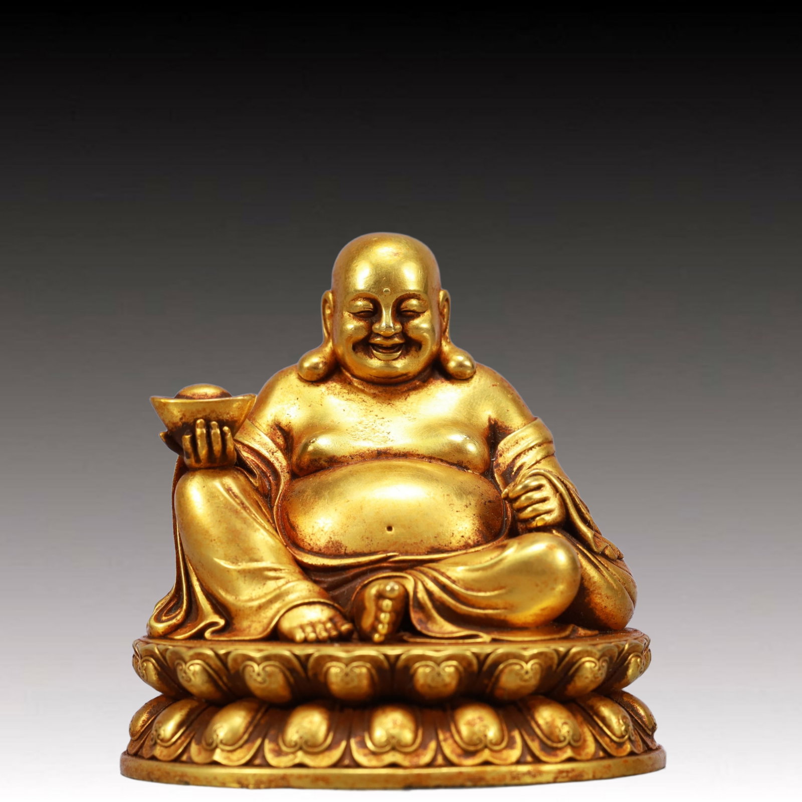 A Solemn Gilt Bronze Statue of Maitreya Buddha: A Solemn Gilt Bronze Statue of Maitreya Buddha,Ming Dynasty, China,Yongle Six-character Mark,Size:2.8inx2.2inx2.6in,Weight:708g 铜鎏金弥勒佛像,中国