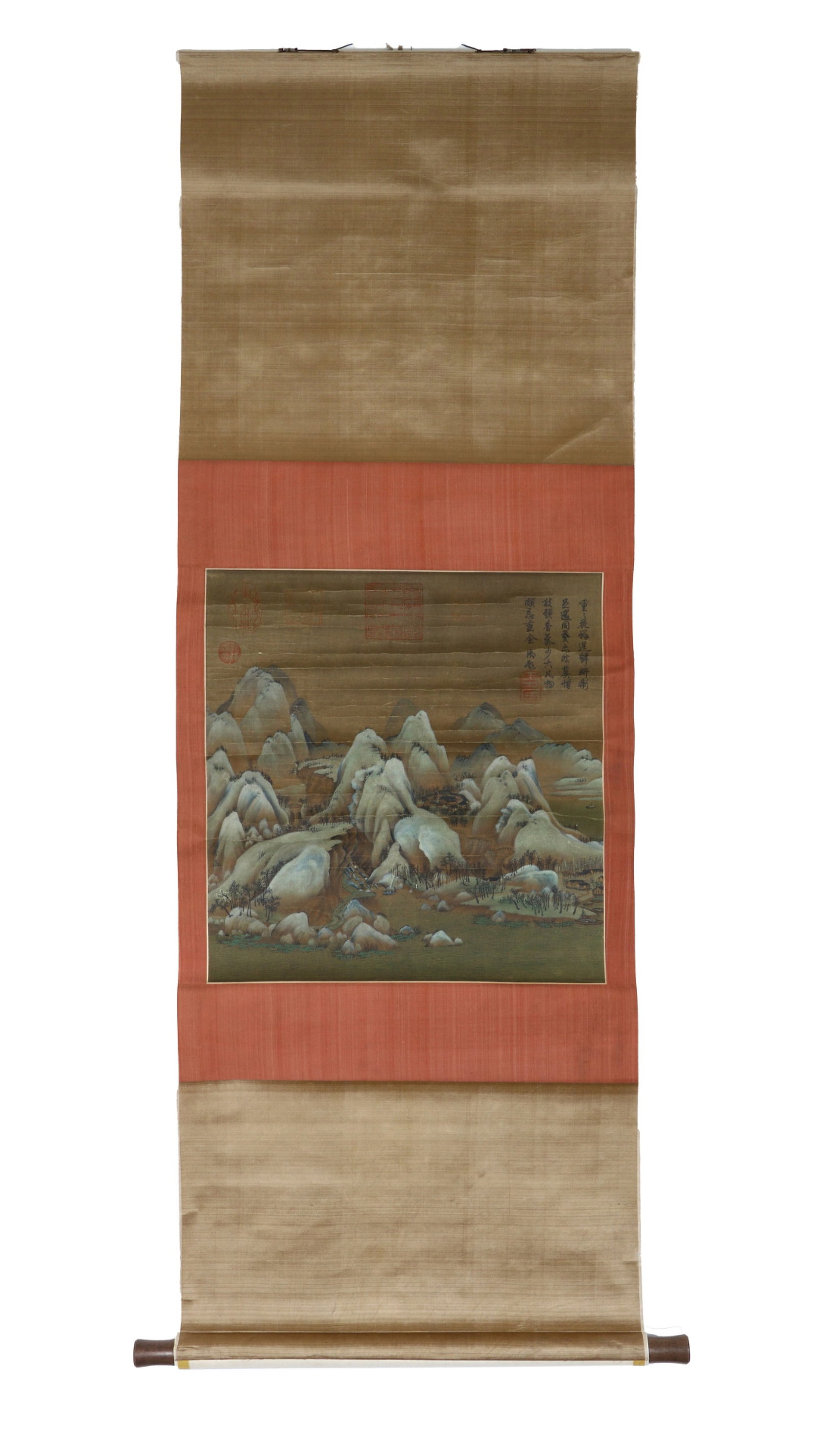A Chinese Vertical Scroll Ink Painting of Landscape on Paper: A Chinese Vertical Scroll Ink Painting of Landscape on Paper,Wang Ximeng,Size:20.5inx19.3in 一幅中国水墨山水画立轴,王希