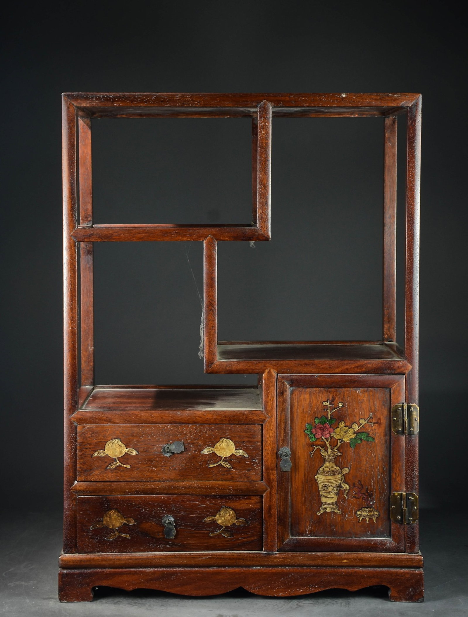 A Huge Huanghuali wood Flower and Fruit Pattern Cabinet: A Huge Huanghuali wood Flower and Fruit Pattern Cabinet,Qing Dynasty,China,Size:24.8inx17.7inx8.3in