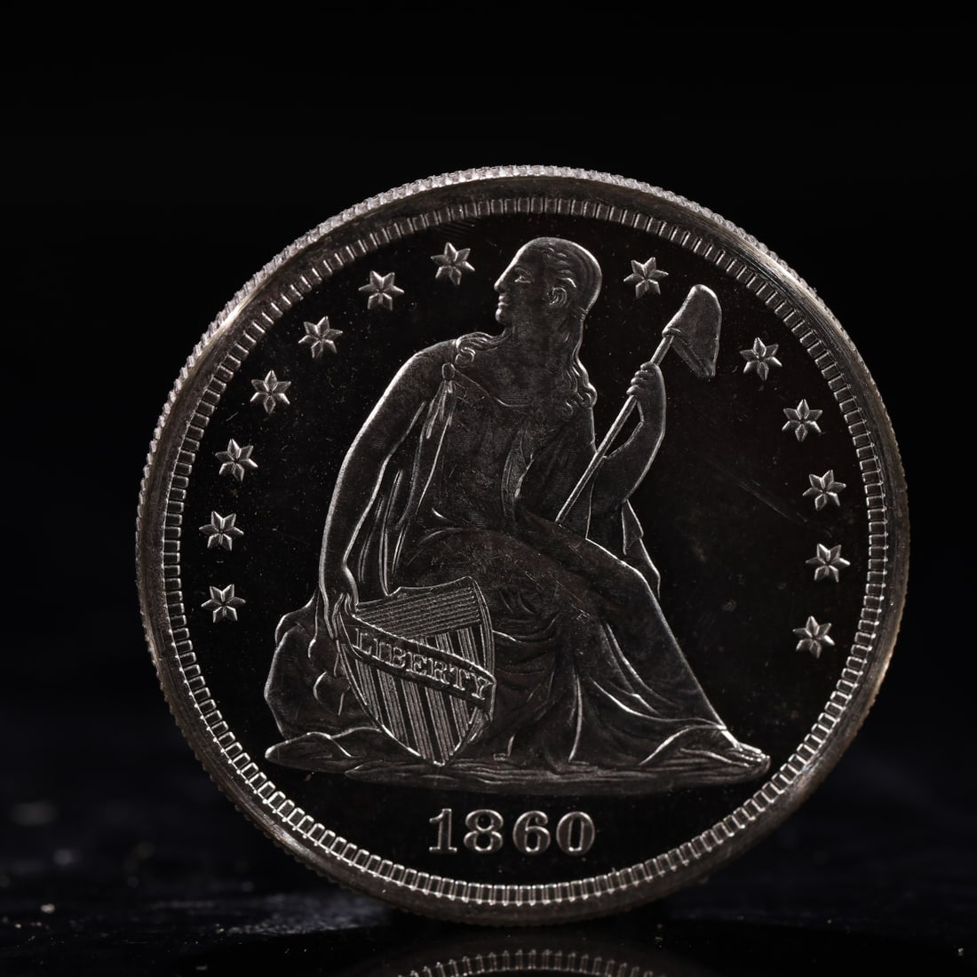USA One Dollar 1860 Coin: American coin. IN GOD WE TRUST / LIBERTY / 1860 / UNITED STATES OF AMERICA / ONE DOL. Mint Mark: O.Weight:26.9g.