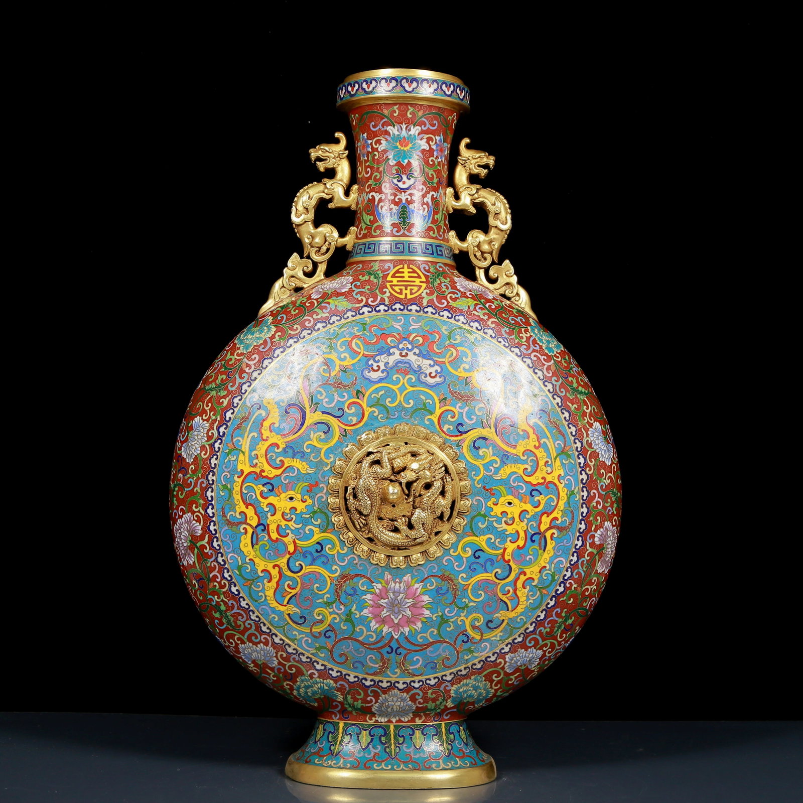 A Huge Cloisonne Dragon and Phoenix Pattern Double-Ears Vase: A Huge Cloisonne Dragon and Phoenix Pattern Double-Ears Vase,Qing Dynasty, China,Qianlong Four-character Mark,Size:13.4inx5.1inx22.4in,Weight:13.90kg 景泰蓝缠枝花&#