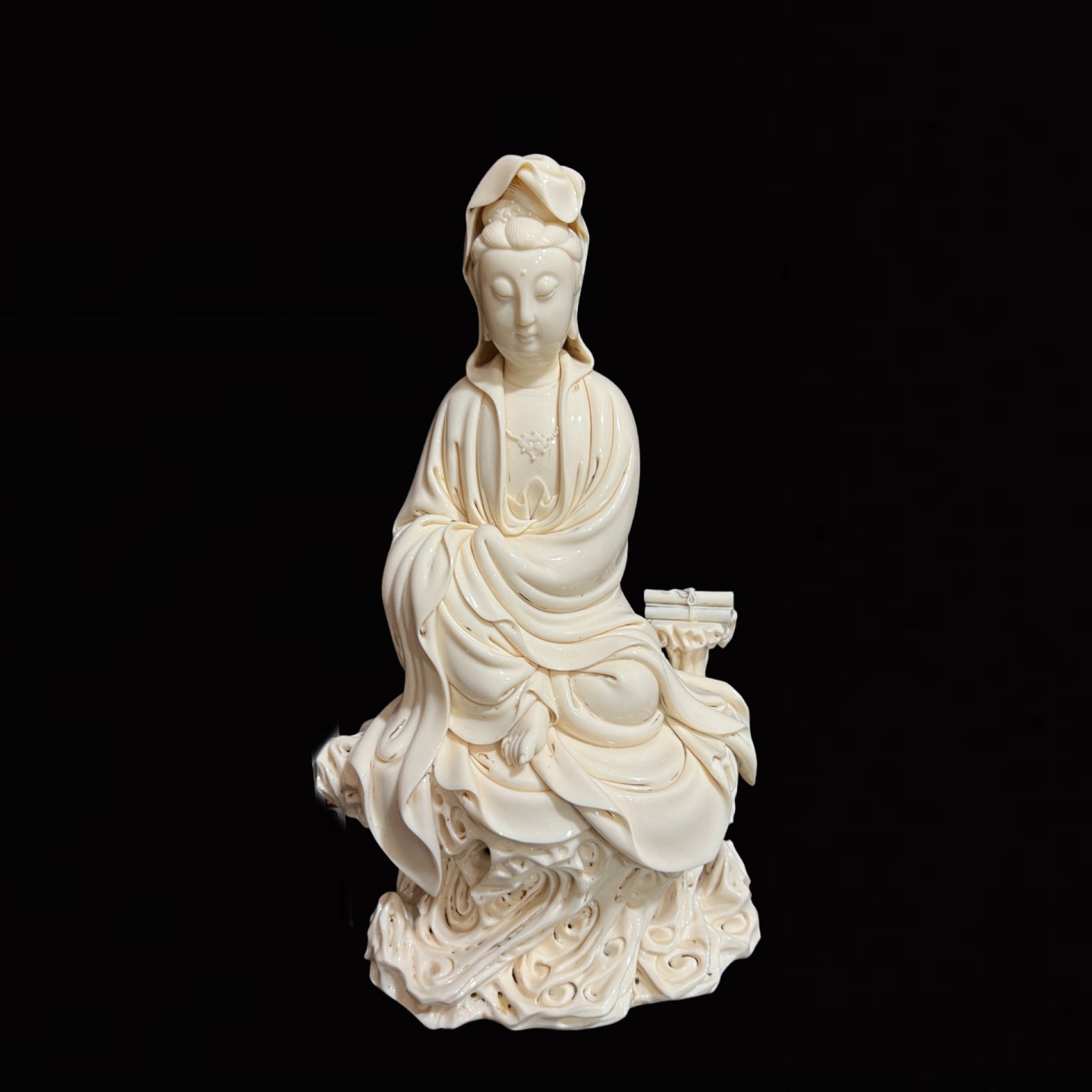 A Solemn Blance-De-Chine Statue of Avalokitesvara: A Solemn Blance-De-Chine Statue of Avalokitesvara,Ming Dynasty,China,He Chaozong Mark,Size:17.7in 德化瓷观音像,中国明代,何朝