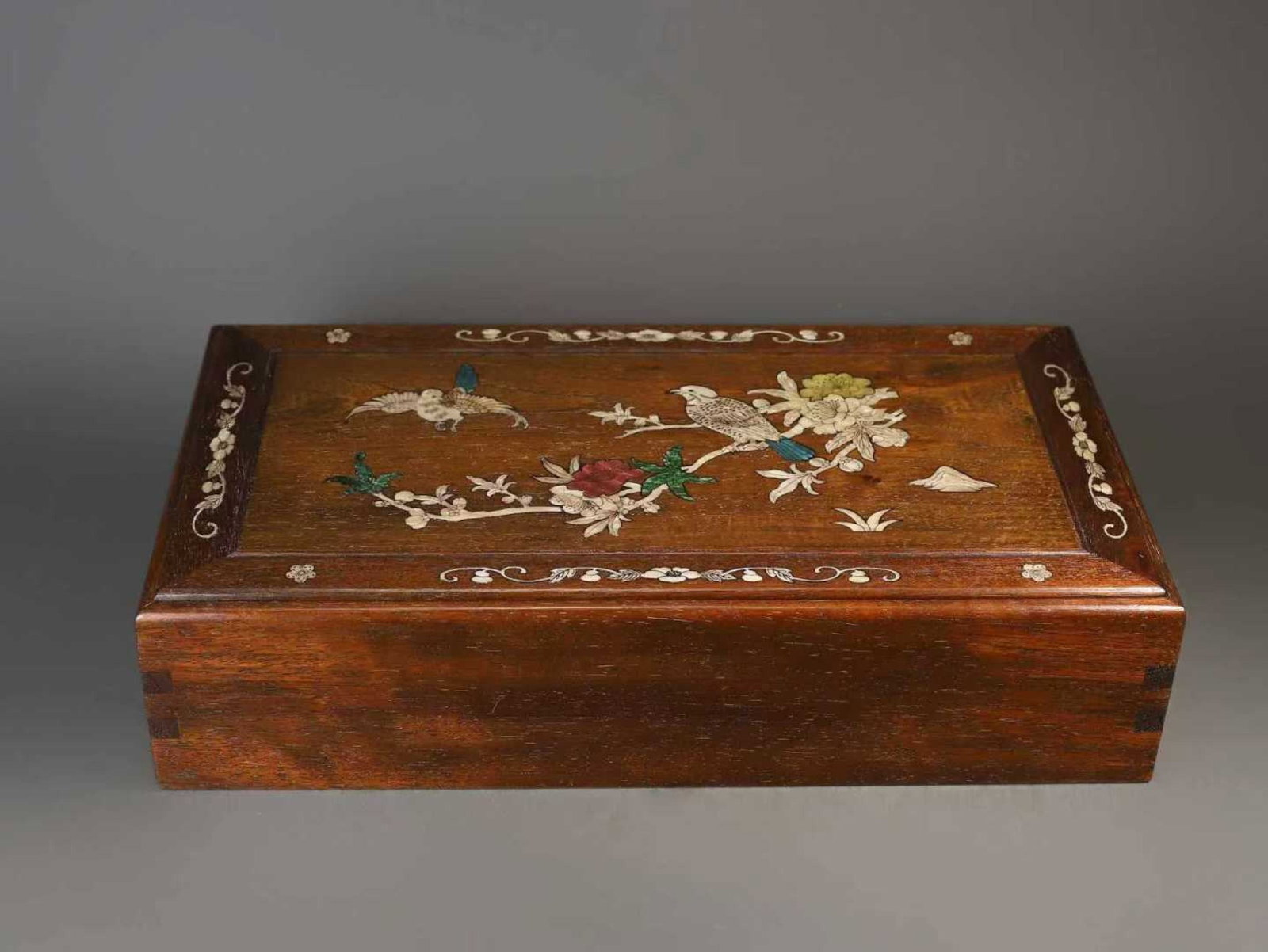 A Rare Huanghuali wood Inlaid Shell Flower and Bird Pattern Box: A Rare Huanghuali wood Inlaid Shell Flower and Bird Pattern Box,Qing Dynasty,China,Size:4.7inx19.7inx10.6in 黄花梨木镶贝壳花鸟纹盒,
